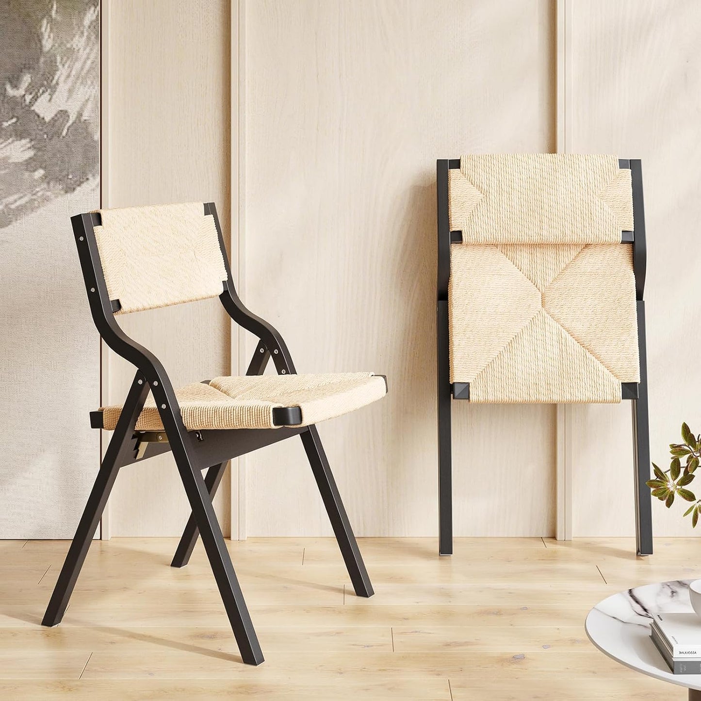 Farini Wood Folding Chairs, Foldable Chairs Wooden Indoor Stackable Dining Chairs for Kitchen & Dining Room Chair Woven Seat & Webbing Back, Dining Chair Set of 2, Woven Rope