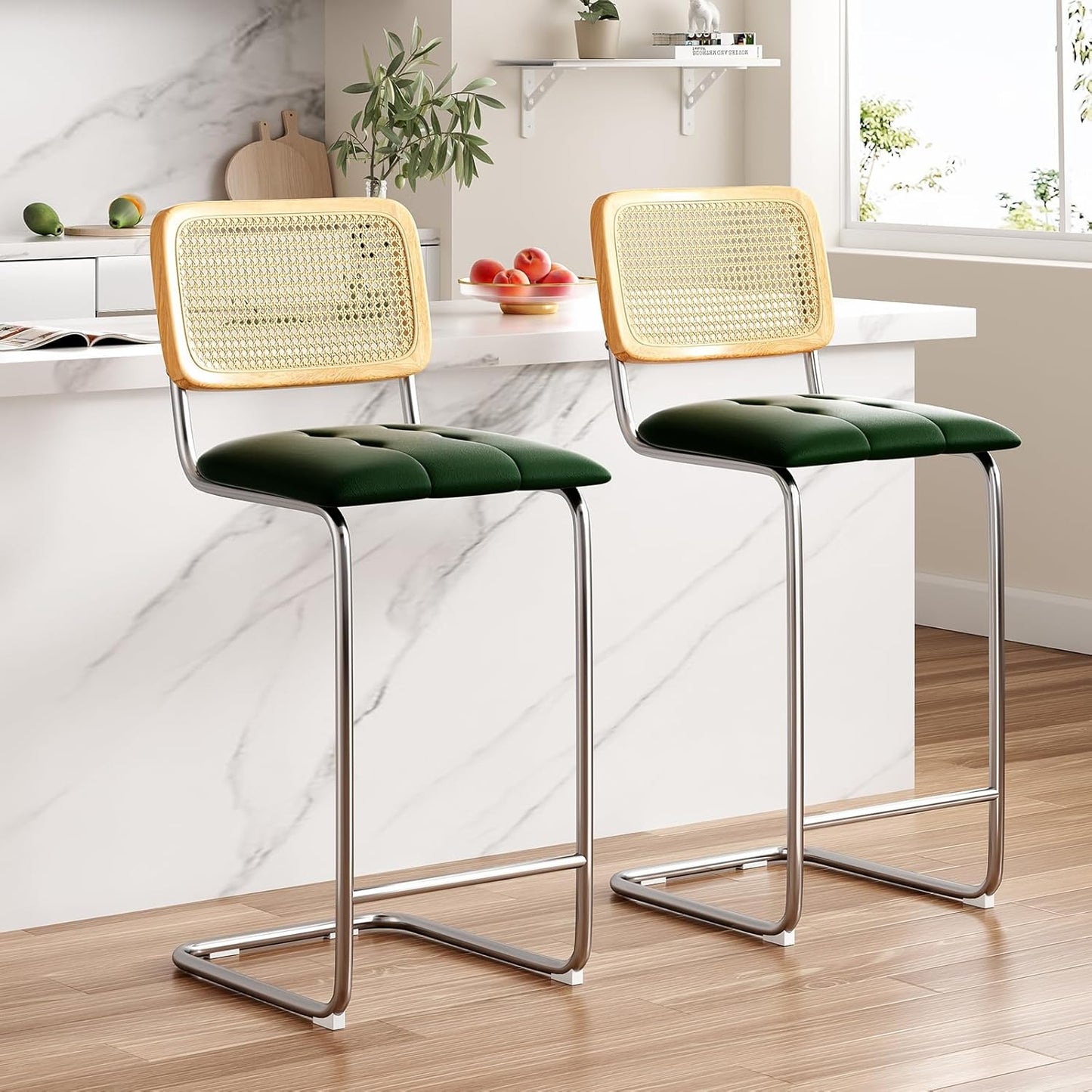 Farini Counter Height Bar Stools Set of 2, Upholstered PU Leather Barstools with Rattan Back, 24 inch Stools Armless Bar Chairs for Kitchen Island