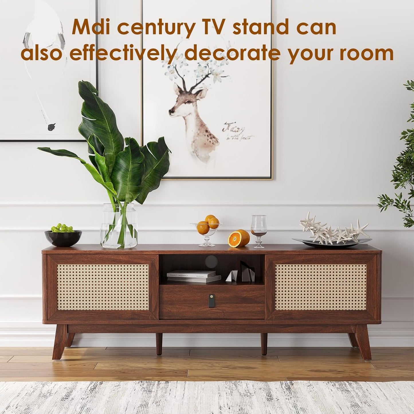 Farini Rattan TV Stand for TVs, Wood TV Stand Mid Century Modern TV Stand TV Media Console with Drawer and 2 Cabinets, Boho Entertainment Center for Living Room