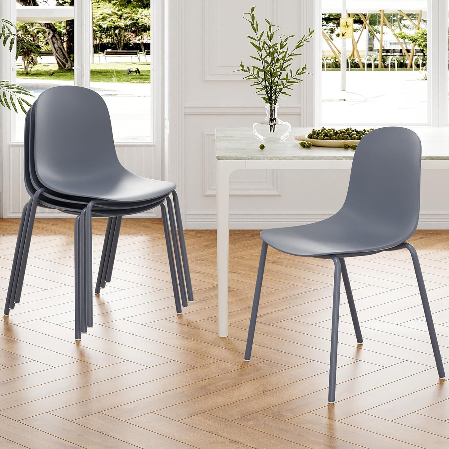Modern Plastic Stackable Dining Chair Set of 4 with Metal Legs for Indoor or Outdoor
