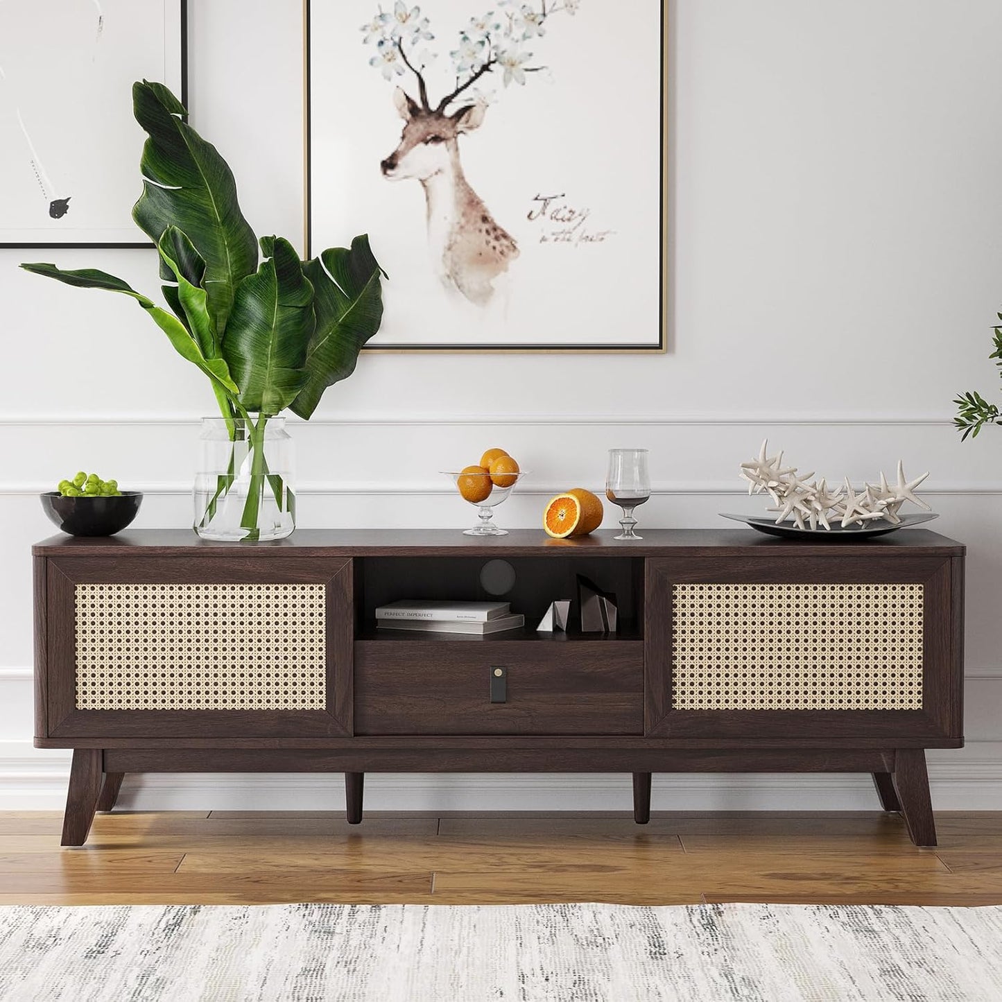 Farini Rattan TV Stand for TVs, Wood TV Stand Mid Century Modern TV Stand TV Media Console with Drawer and 2 Cabinets, Boho Entertainment Center for Living Room