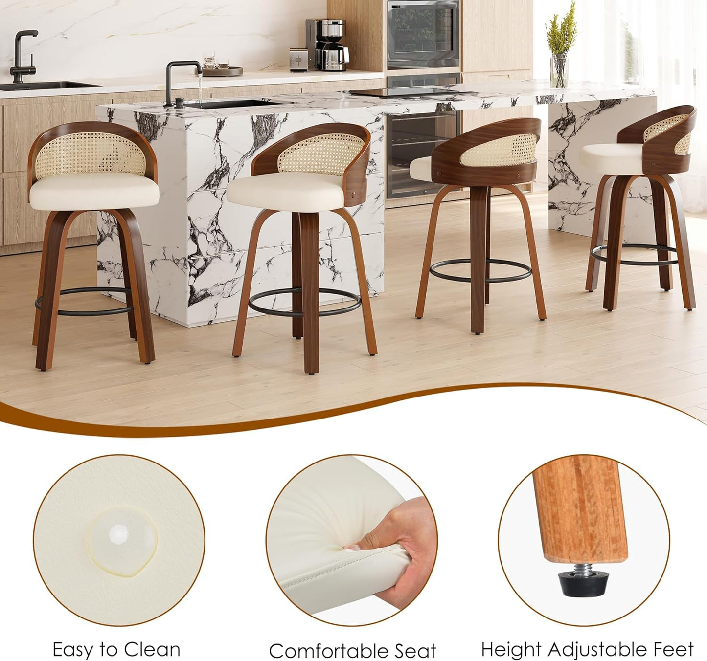 Farini Swivel Bar Stools Set of 2, Modern Wood Frame with Rattan Back, PU Leather Stool for Kitchen Counter, Mid Century Upholstered Barstools with Footrest,Industrial Counter Height Stools