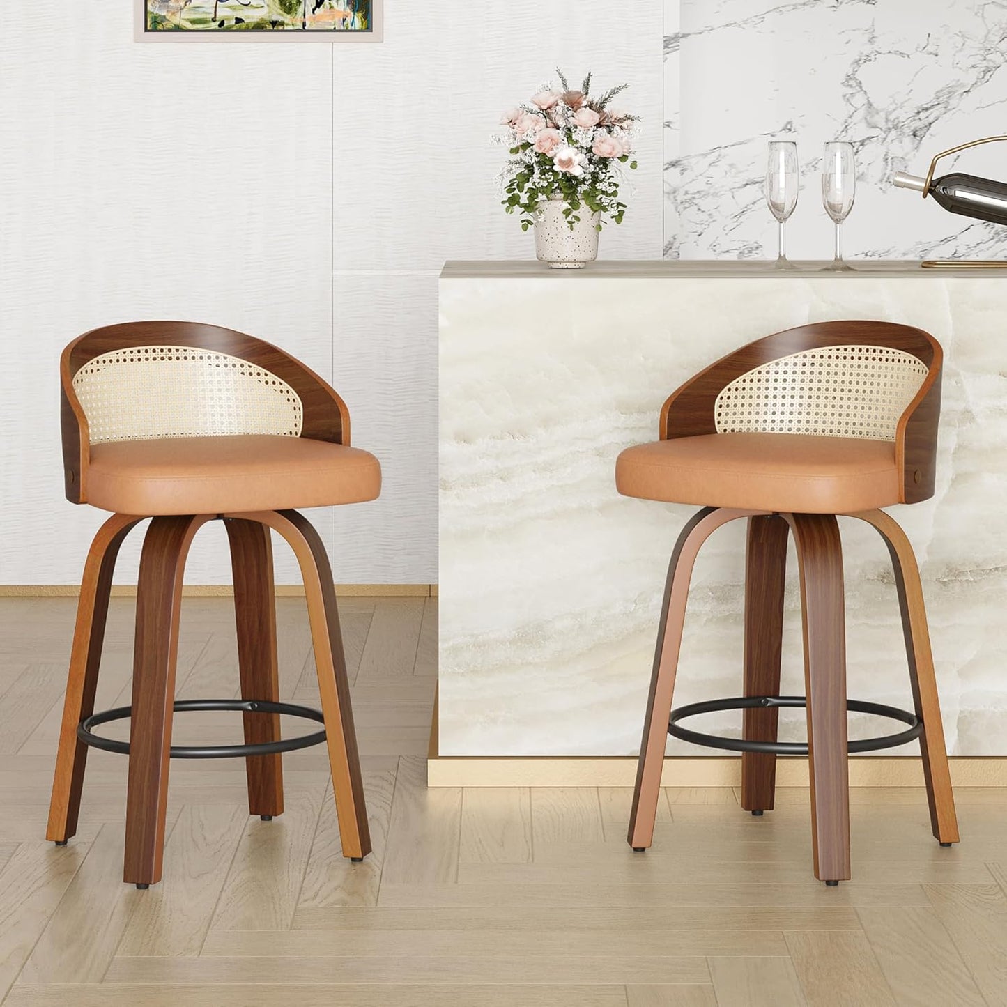 Farini Swivel Bar Stools Set of 2, Modern Wood Frame with Rattan Back, PU Leather Stool for Kitchen Counter, Mid Century Upholstered Barstools with Footrest,Industrial Counter Height Stools