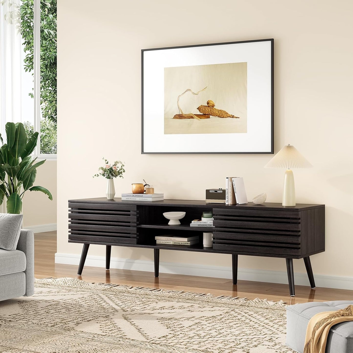 Farini Mid Century Modern TV Stands for up to 70" TV with Storage, Fluted Wood TV Stand for Living Room, Boho Media Console, Entertainment Center with Cable Management