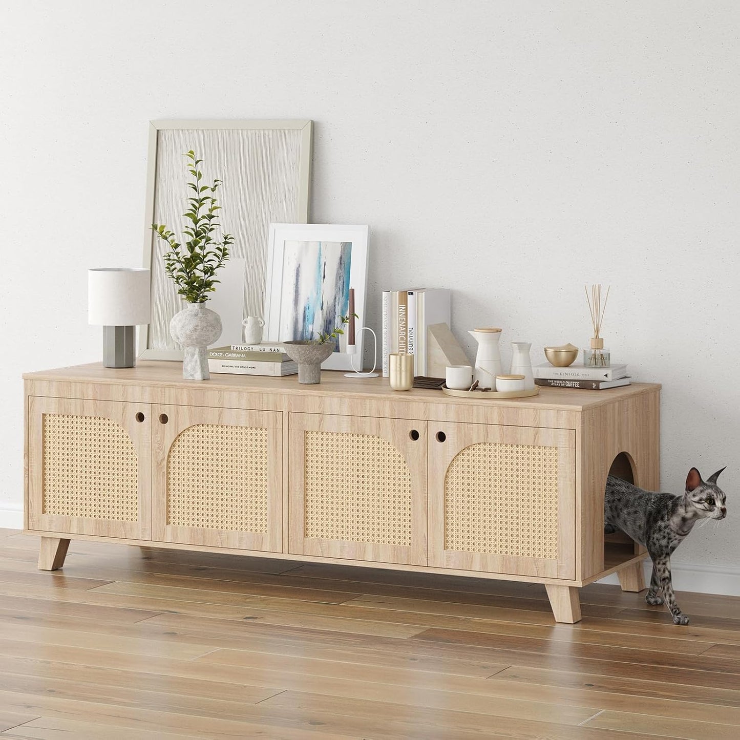 Farini Double Hidden Cat Litter Box Enclosure Furniture Cabinet with Rattan Decorated Doors for Two Cats，Two Entrances
