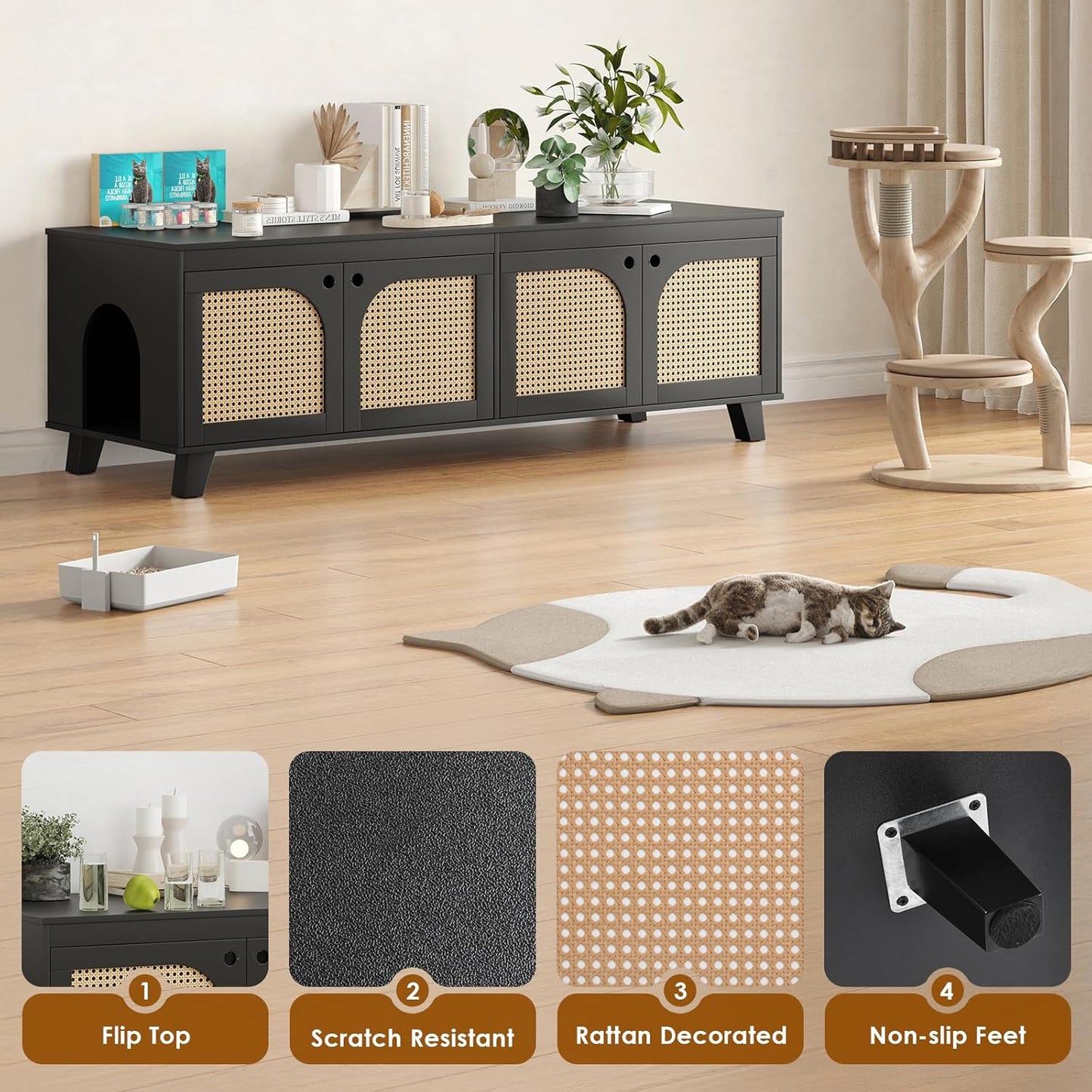 Double Hidden Cat Litter Box Enclosure Furniture Cabinet with Rattan Decorated Doors for Two Cats，Two Entrances