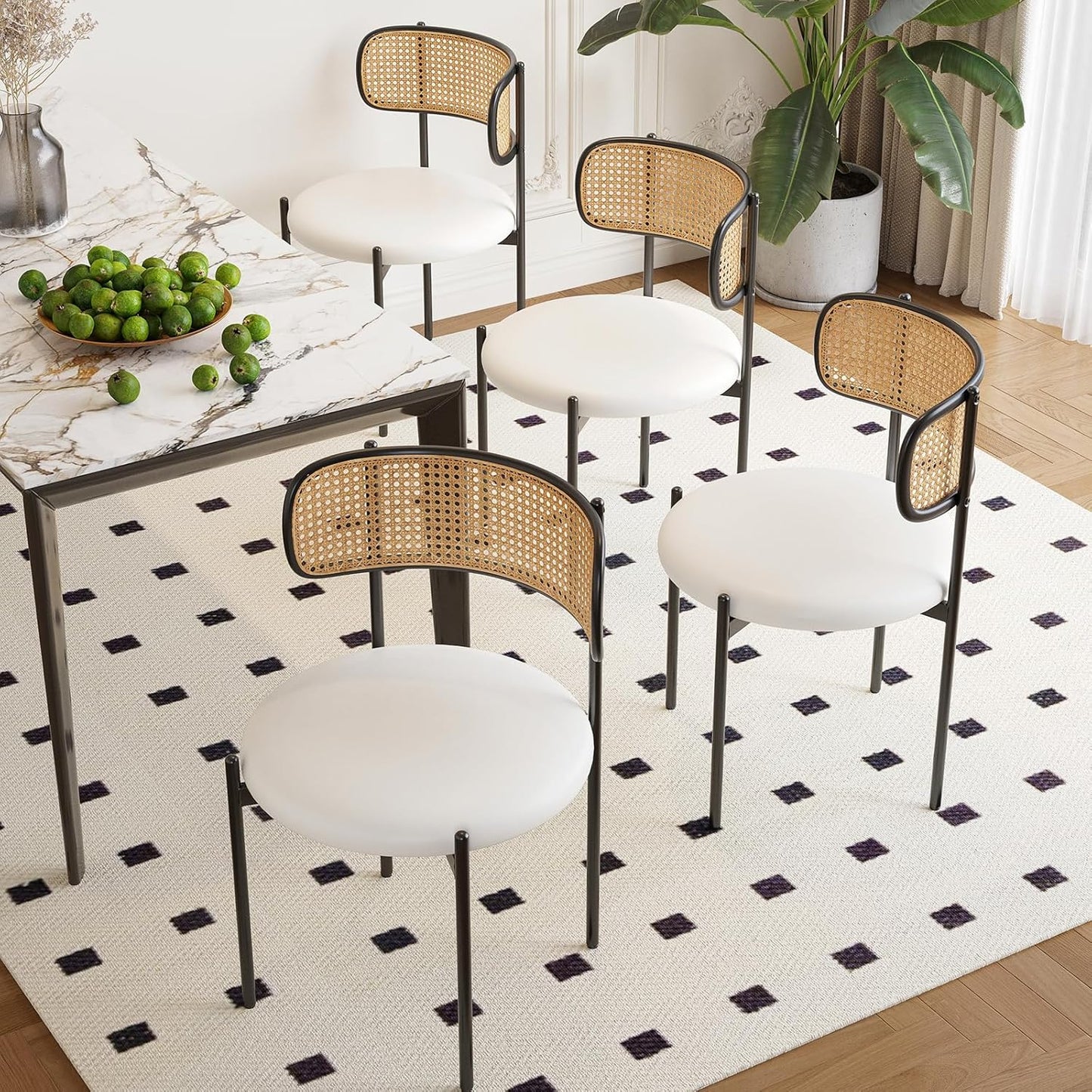 Farini Dining Chairs Set of 4, PU Leather Upholstered Seat with Woven Rattan Back, Sturdy Metal Legs Modern Side Chairs for Kitchen Living Room Restaurant