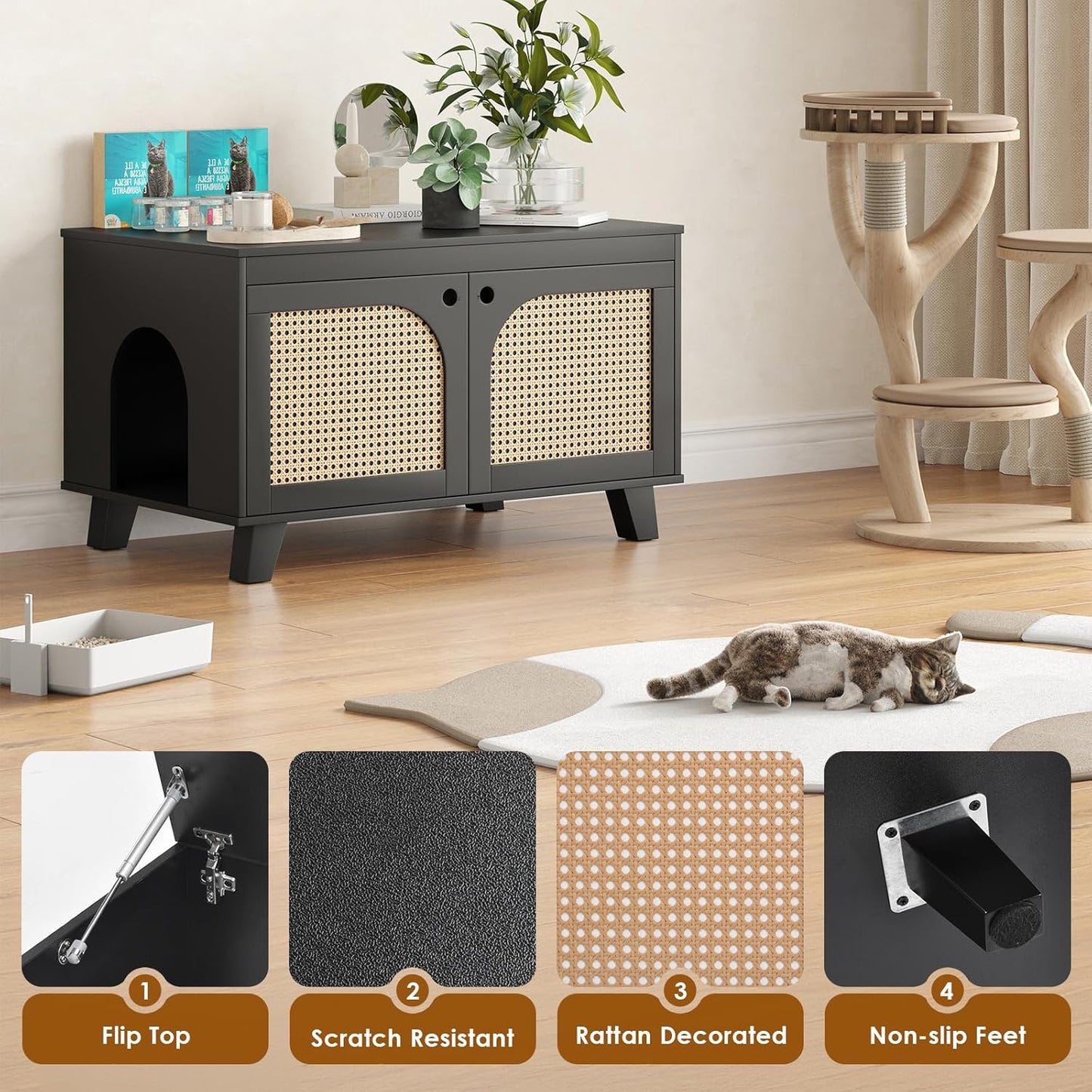 Flip Top Hidden Cat Litter Box Enclosure Furniture Cabinet with Rattan Decorated Doors for Your Home，Two Entrances