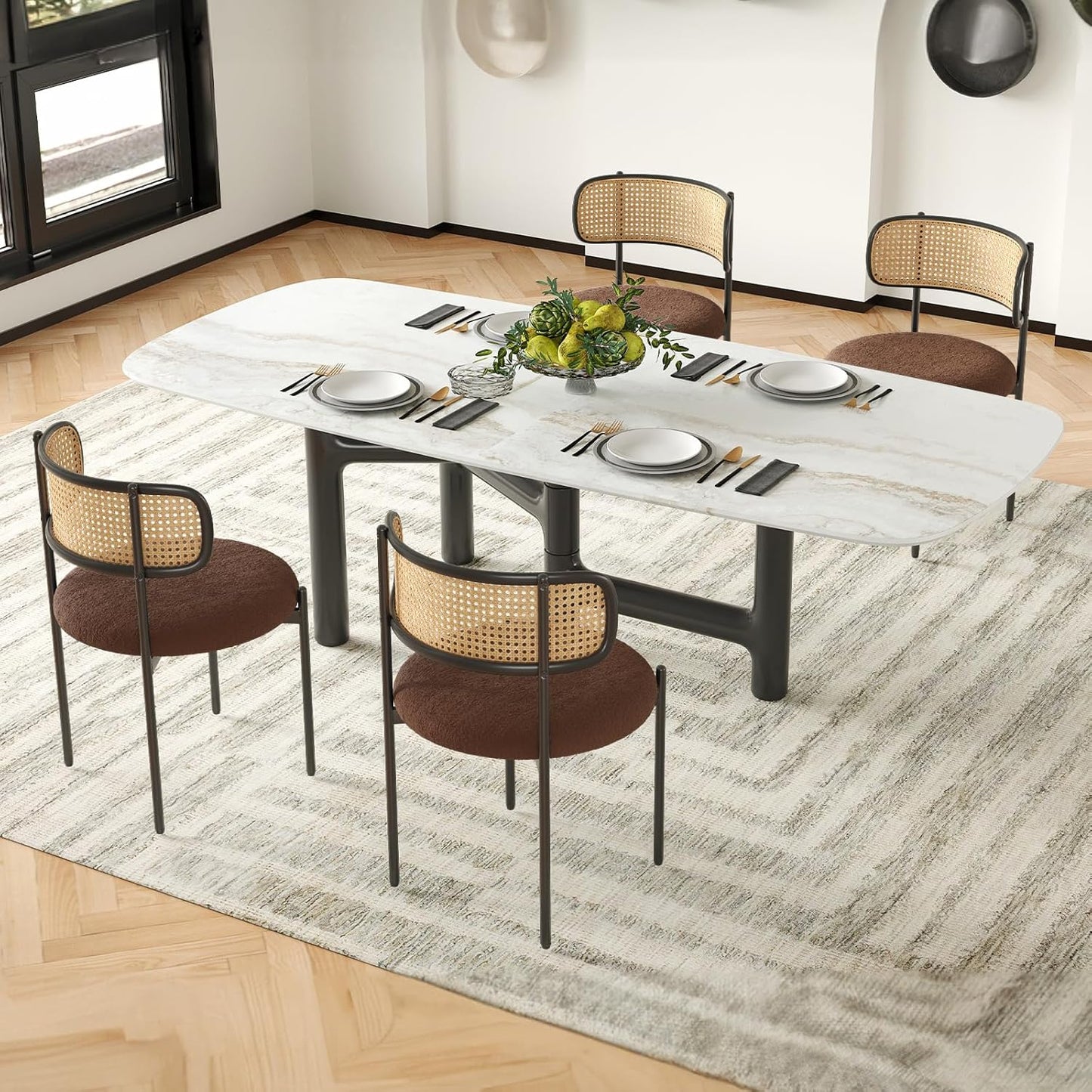 Farini Modern Upholstered Dining Chairs, Set of 2, Rattan Back Kitchen Chairs with Metal Legs, Coffee