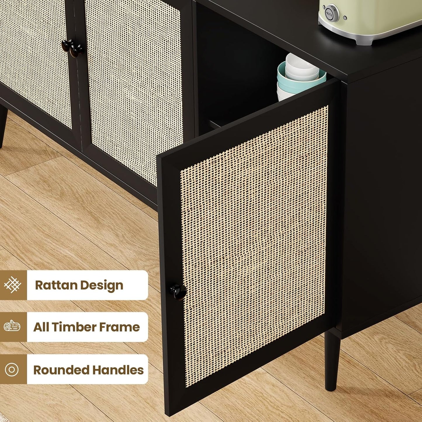 Farini Modern Sideboard Buffet, 3-Door Rattan Storage Cabinet for Kitchen, Living Room & Entryway