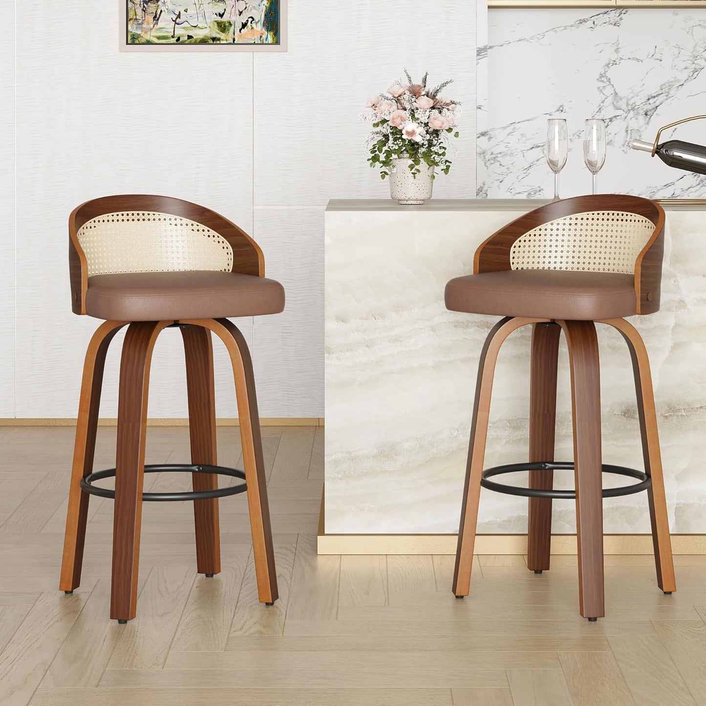 Farini Swivel Bar Stools Set of 2, Modern Wood Frame with Rattan Back, PU Leather Stool for Kitchen Counter, Mid Century Upholstered Barstools with Footrest,Industrial Counter Height Stools