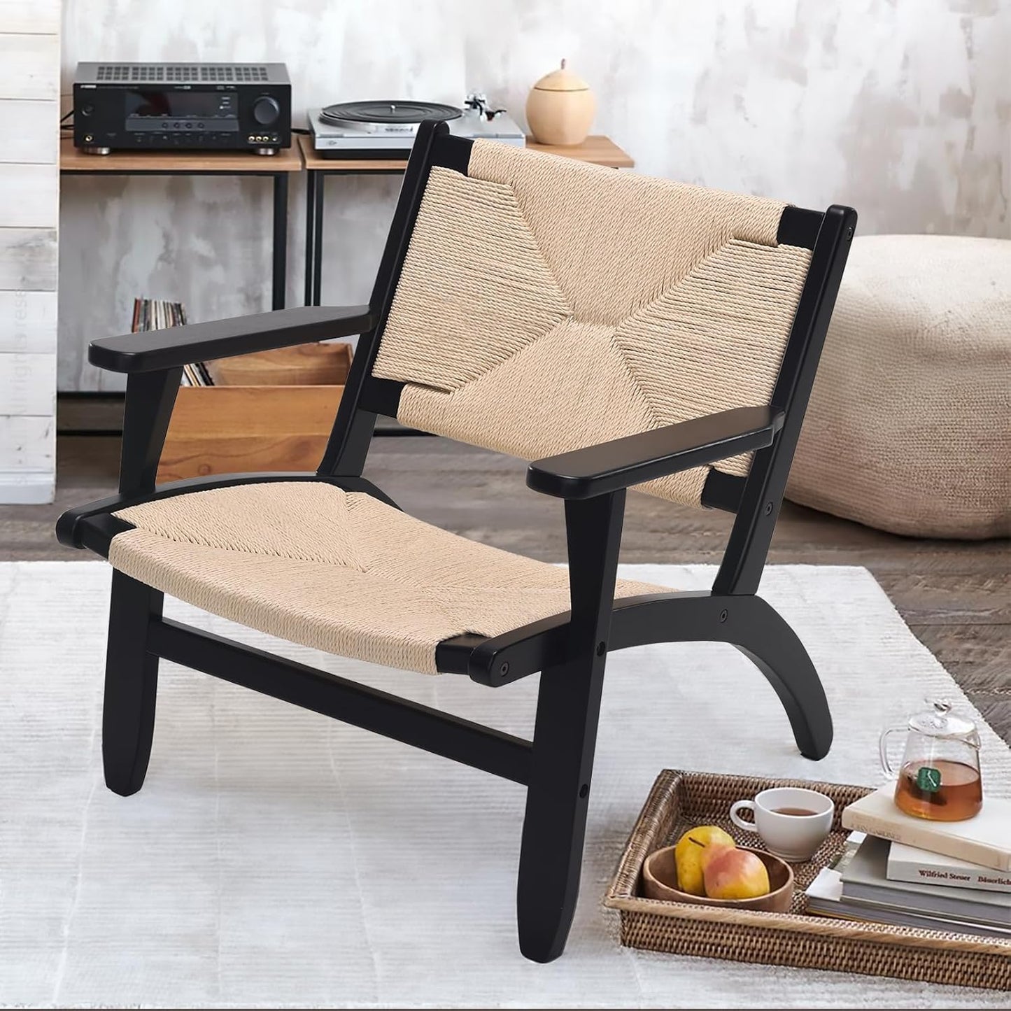 Farini Rubberwood Accent Chair for Living Room,Indoor Mid Century Woven Accent Chair with Arms,Bedroom Side Boho Chair with Kraft Paper Rope