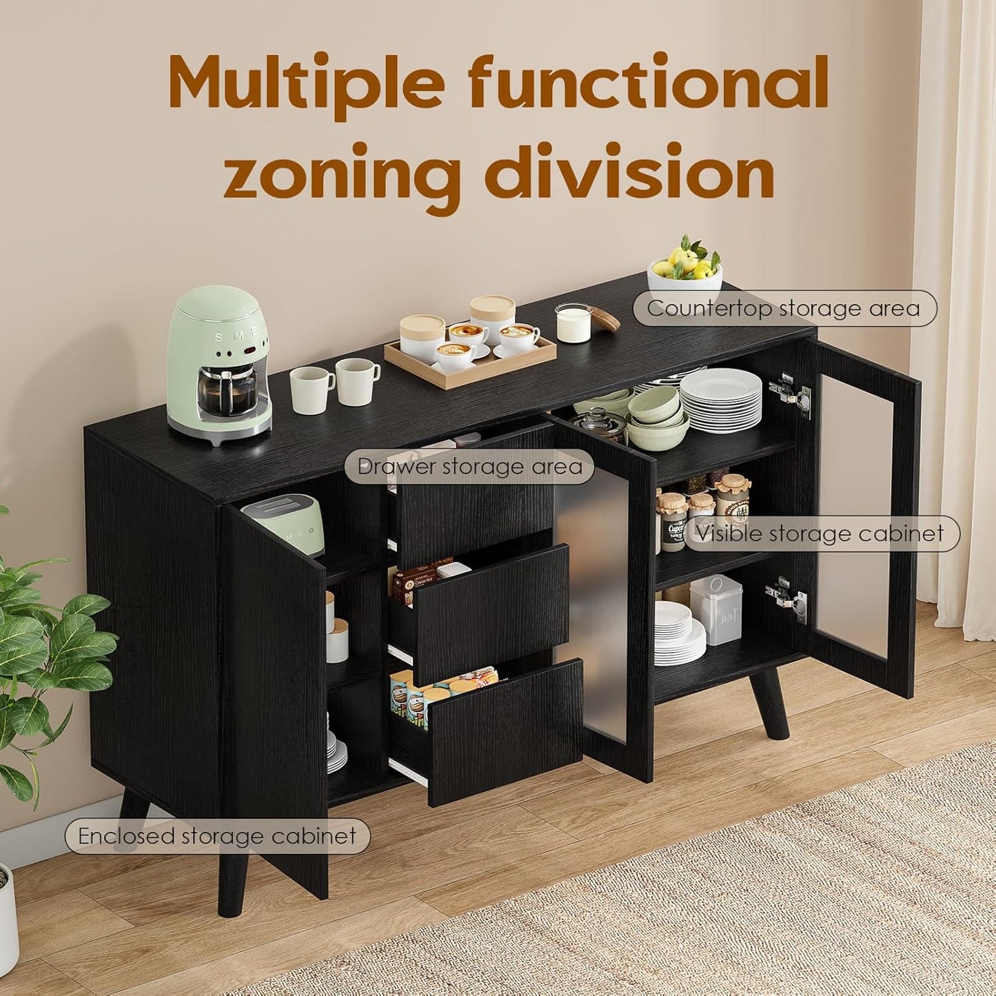 Farini Farmhouse Buffet Cabinet, 55.5" Coffee Bar with 3 Drawers and Pop-Up Doors, Large Rustic Sideboard for Dining Room, Kitchen, Hallway, and Living Room