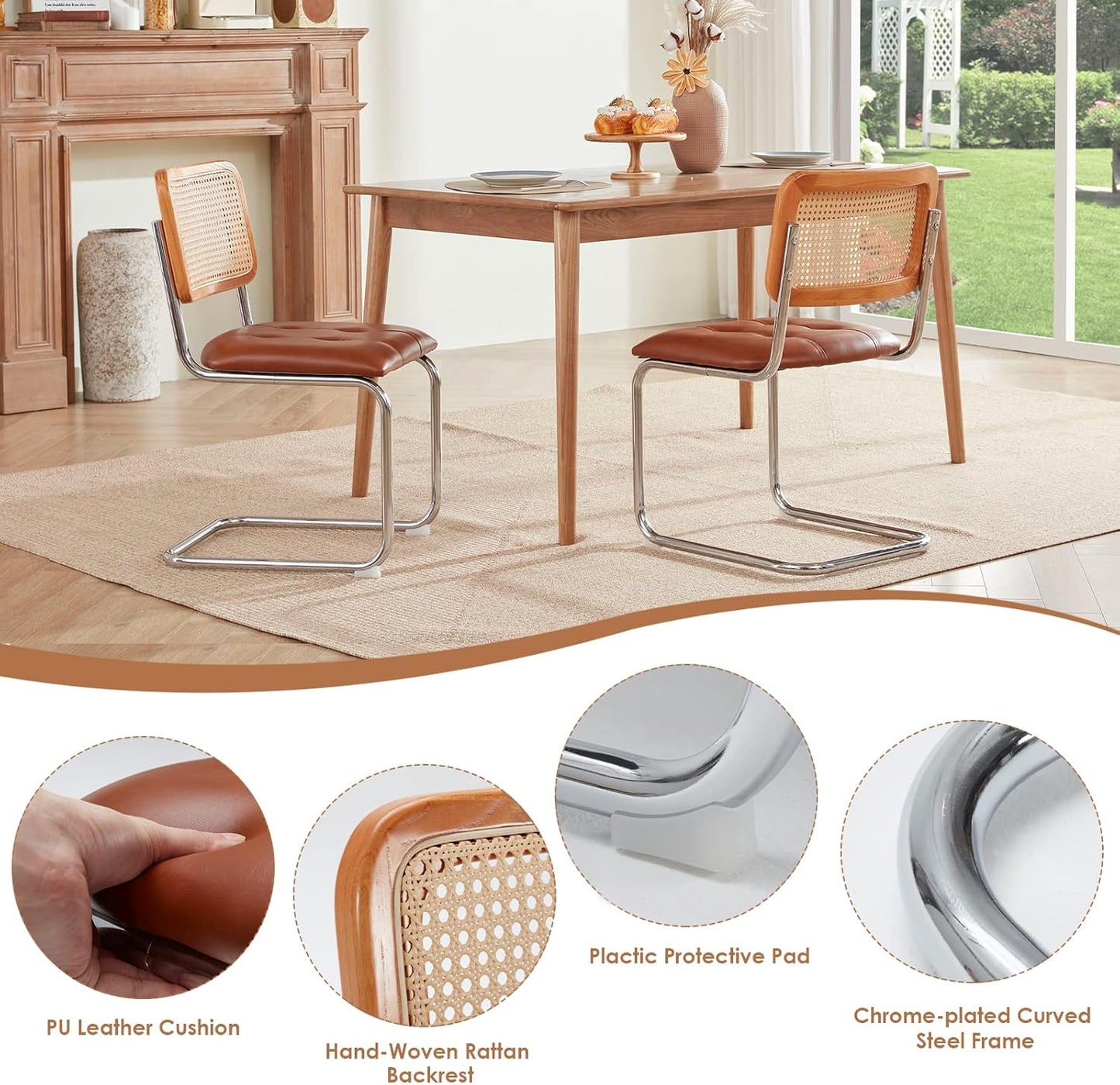 Farini Kitchen Dining Chairs Set of 2,Mid-Century Modern Chair Armless Mesh Backrest Cane Rattan Chairs for Home Dining Room(Brown,PU Leather)