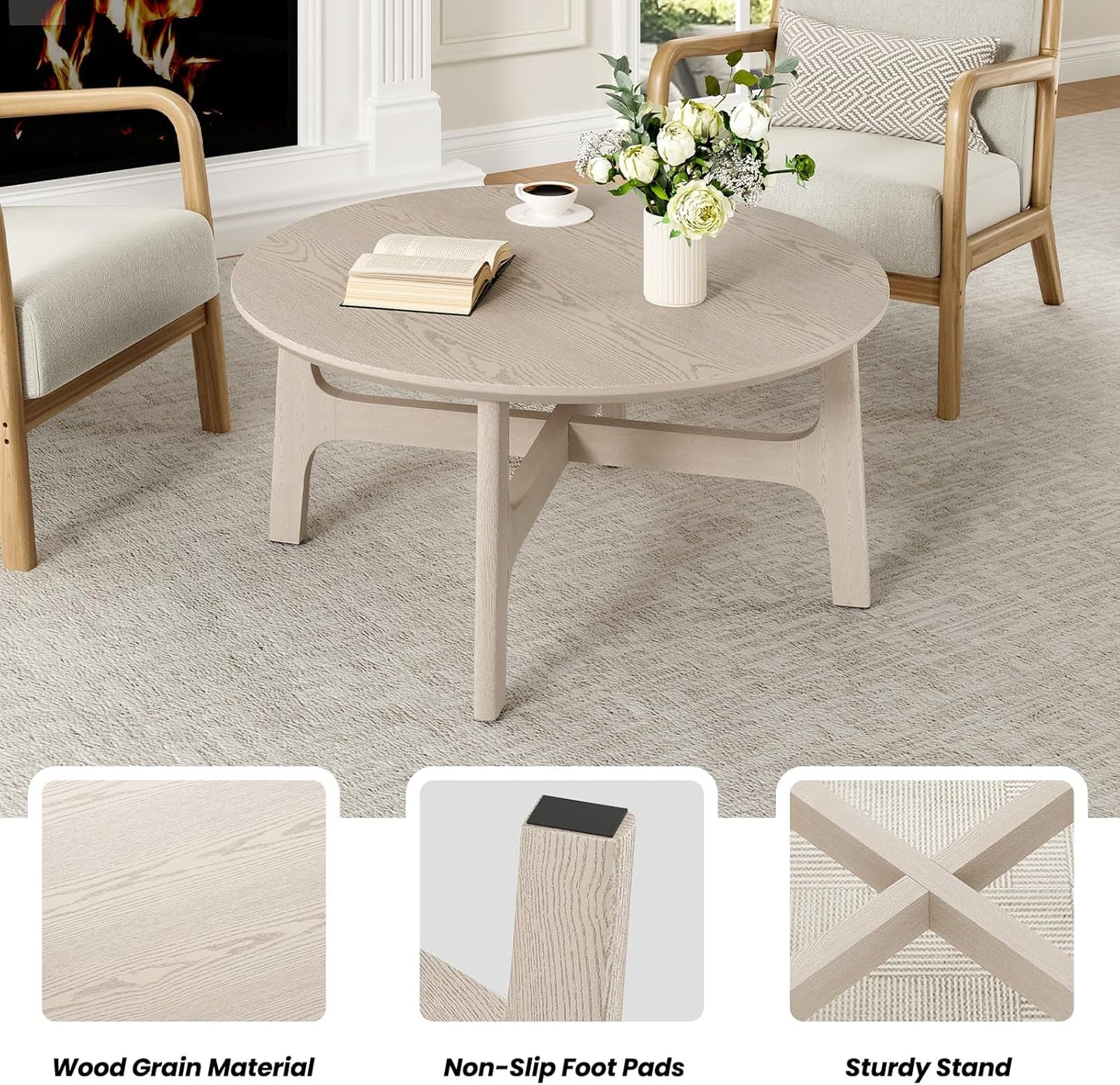 Farini Round Coffee Table,39" Wood Side Coffee Table for Living Room, White
