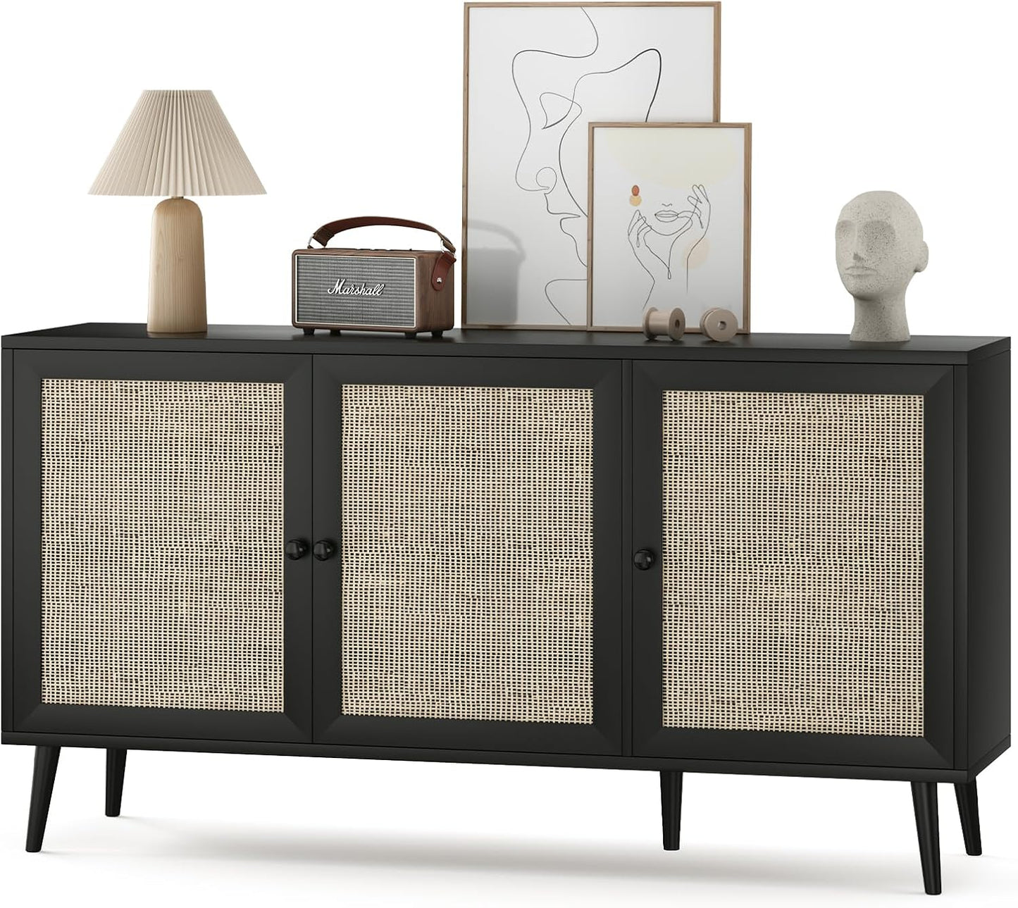 Farini Modern Sideboard Buffet, 3-Door Rattan Storage Cabinet for Kitchen, Living Room & Entryway
