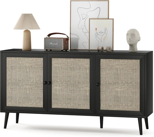 Farini Modern Sideboard Buffet, 3-Door Rattan Storage Cabinet for Kitchen, Living Room & Entryway