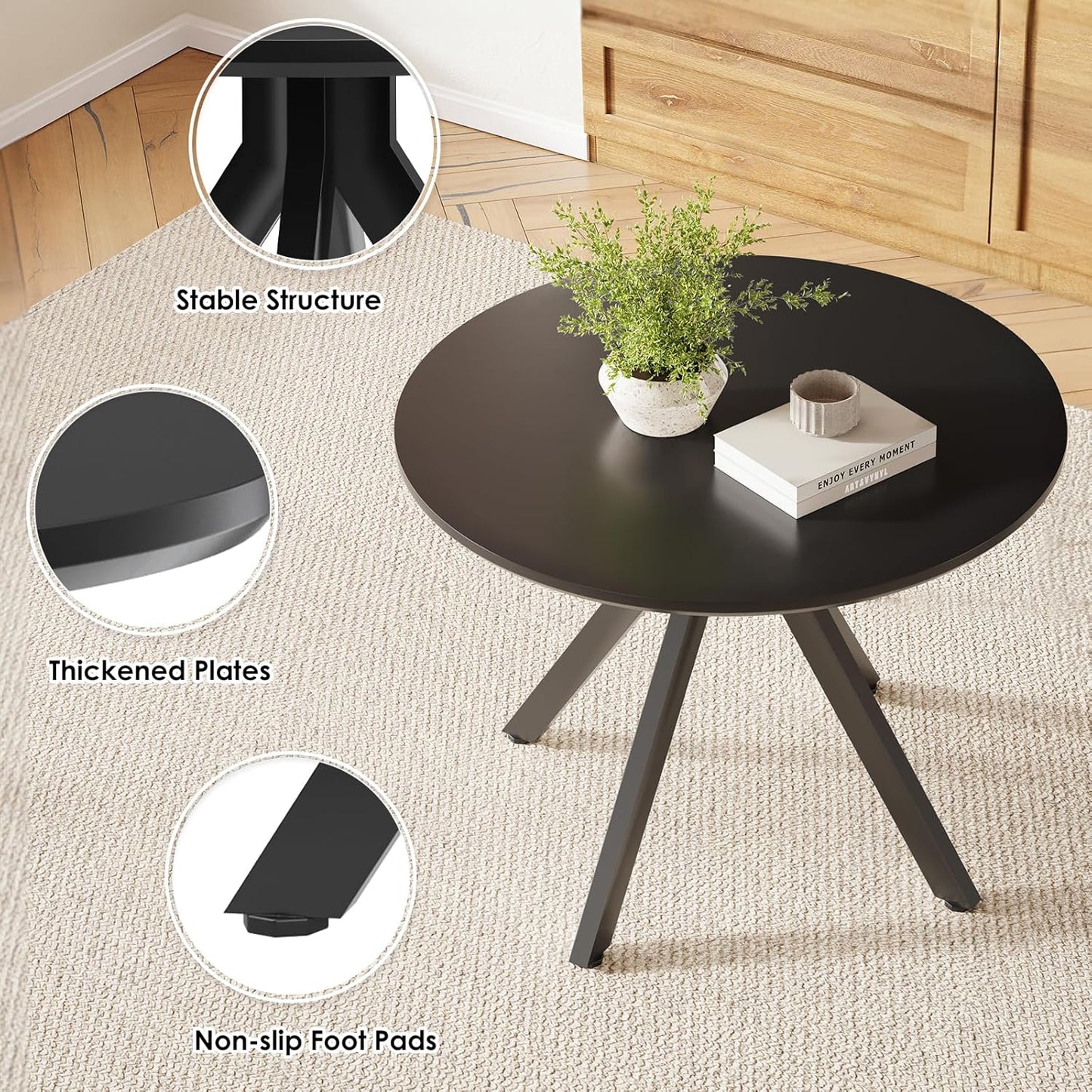 Farini Black Dining Table for 4-6 Person,39" Round Wooden Dining Tabletop and Metal Frame for Home Kitchen Dining Desk