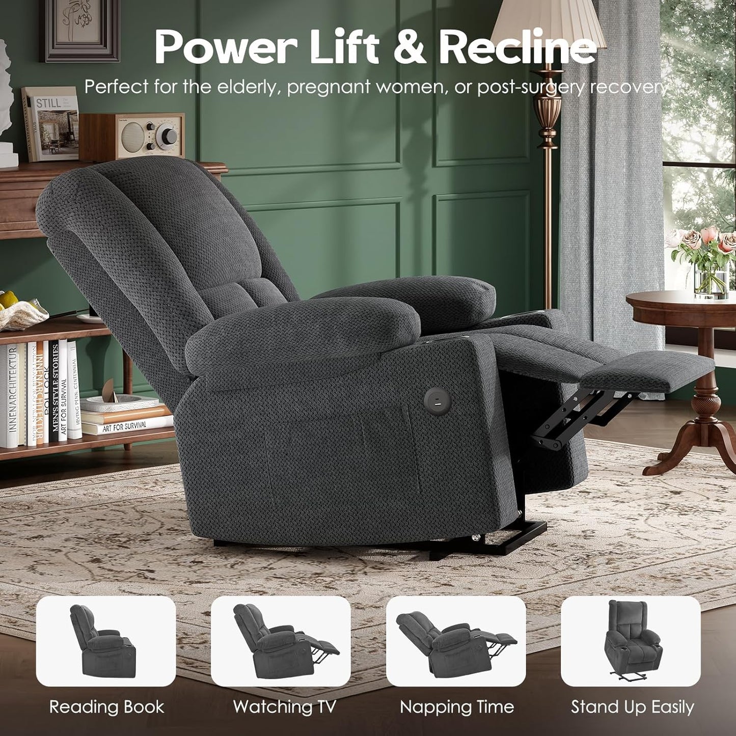 Farini Power Lift Recliner Chair with Massage and Heat for Elderly People, USB Ports and Cup Holders
