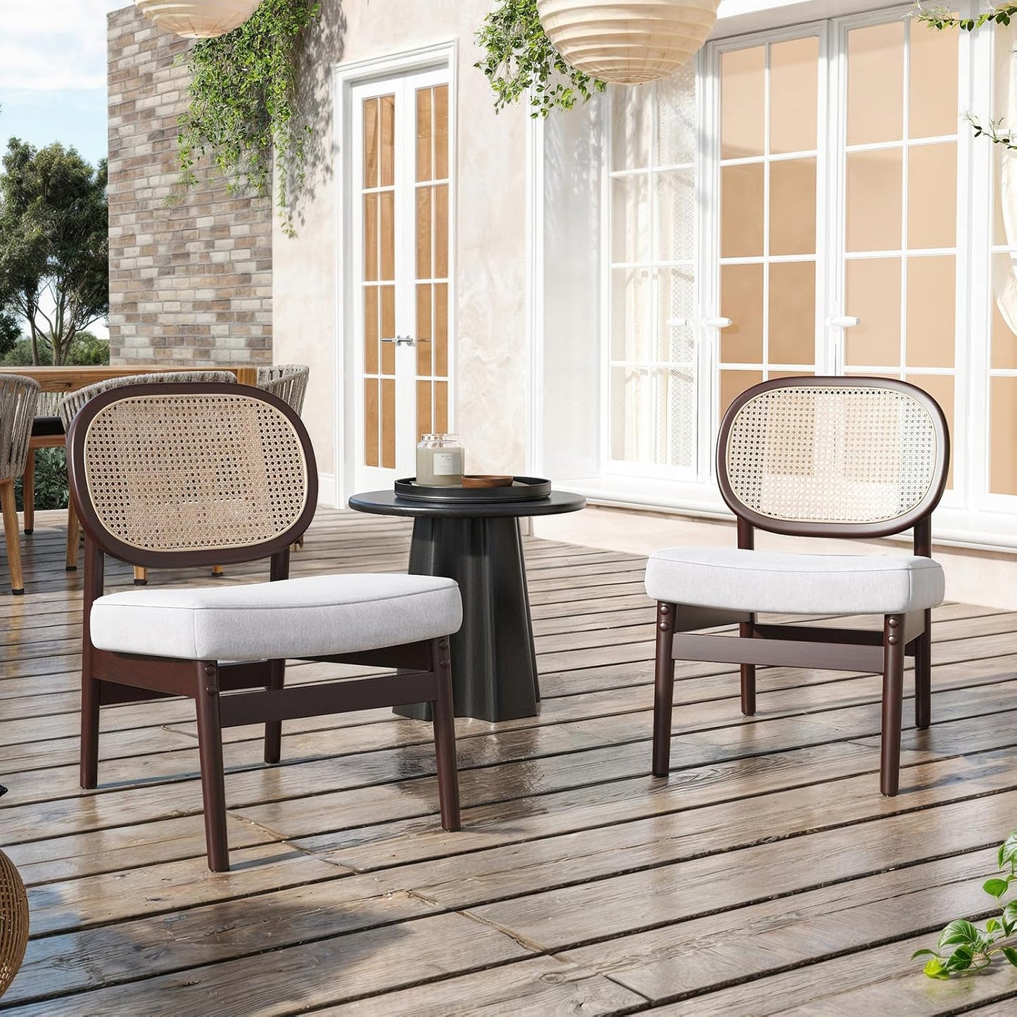 Farini Rattan Accent Chair, Upholstered Living Room Chair with Rattan Back & Wood Frame, Mid-Century Modern Reading Chair for Living Room, Bedroom