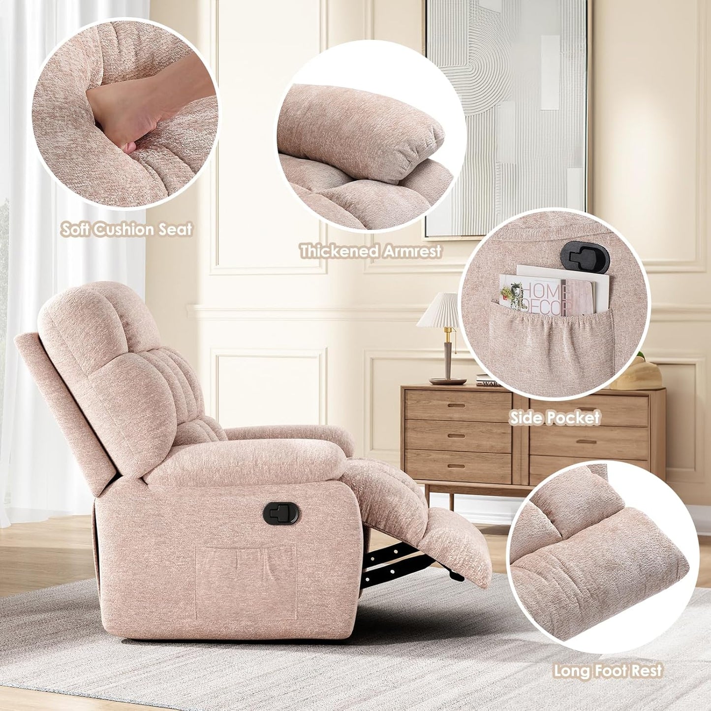 Farini Recliner Chair, Upholstered Rocker Recliner Chair with Side Pocket, Ergonomic 110°-160° Adjustable Reclining Chairs for Adults, Single Sofa Chair with Footrest,Recliner Sofa for Living Room
