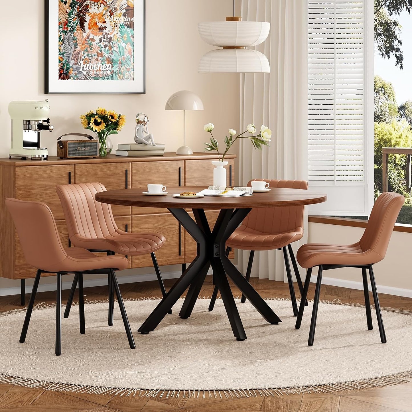 Farini 47.2" Solid Wood Round Dining Kitchen Table for 4-6 People with Intersecting Pedestal Base