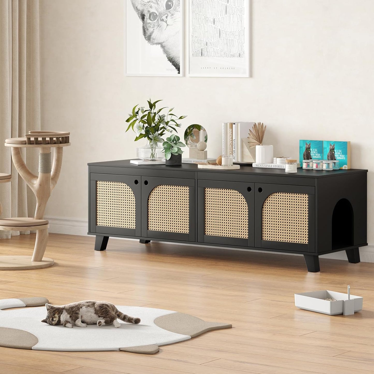 Double Hidden Cat Litter Box Enclosure Furniture Cabinet with Rattan Decorated Doors for Two Cats，Two Entrances