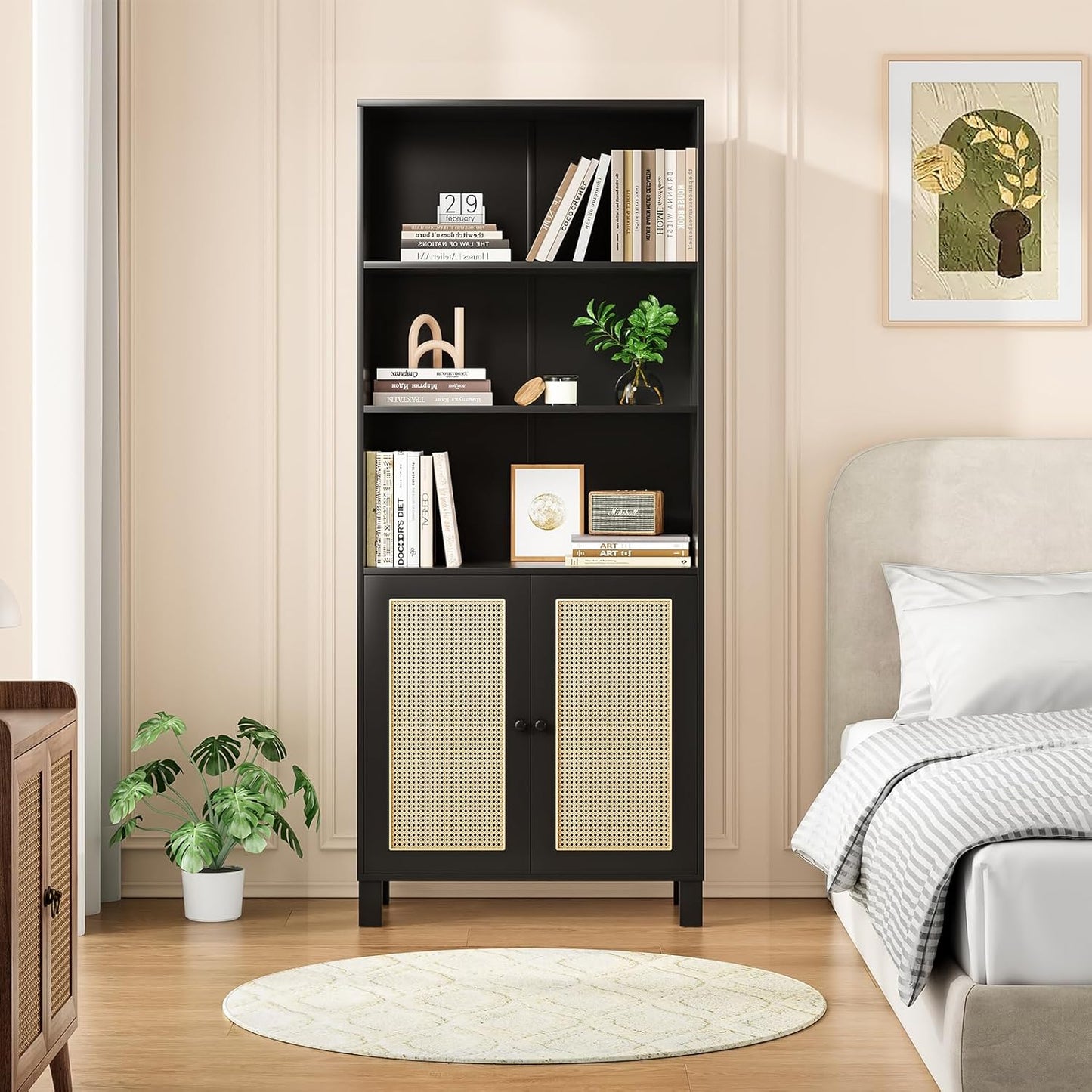 Farini Tall 5 Tier Bookcase, Storage Shelf with Rattan Doors for Living Room, Office, Library