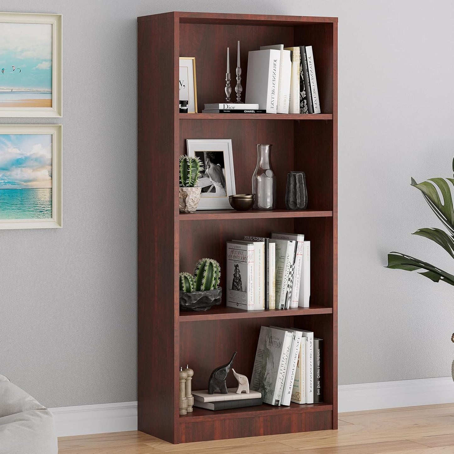 Farini Bookcase Freestanding 4 Shelf Wood Bookshelf Adjustable Shelves for Home Office,4 Layer, Cherry