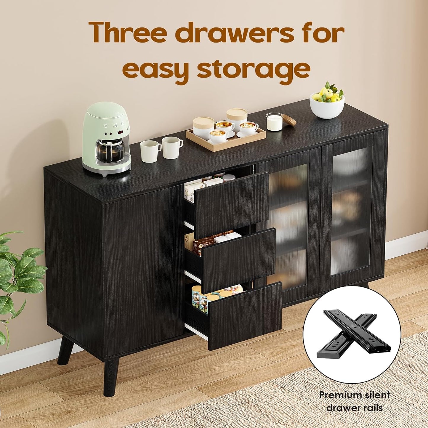 Farini Farmhouse Buffet Cabinet, 55.5" Coffee Bar with 3 Drawers and Pop-Up Doors, Large Rustic Sideboard for Dining Room, Kitchen, Hallway, and Living Room