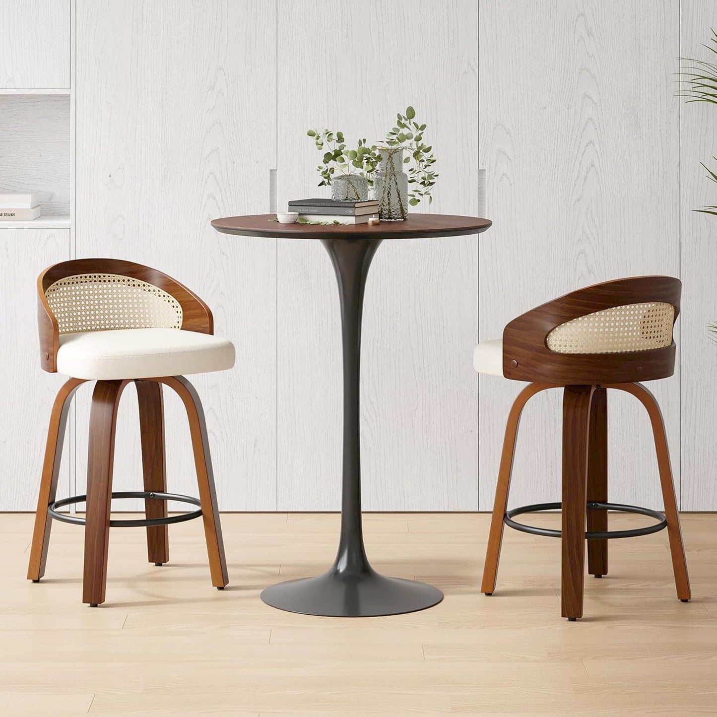 Farini Swivel Bar Stools Set of 2, Modern Wood Frame with Rattan Back, PU Leather Stool for Kitchen Counter, Mid Century Upholstered Barstools with Footrest,Industrial Counter Height Stools