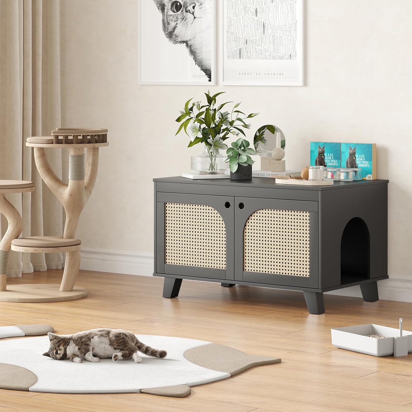 Flip Top Hidden Cat Litter Box Enclosure Furniture Cabinet with Rattan Decorated Doors for Your Home，Two Entrances