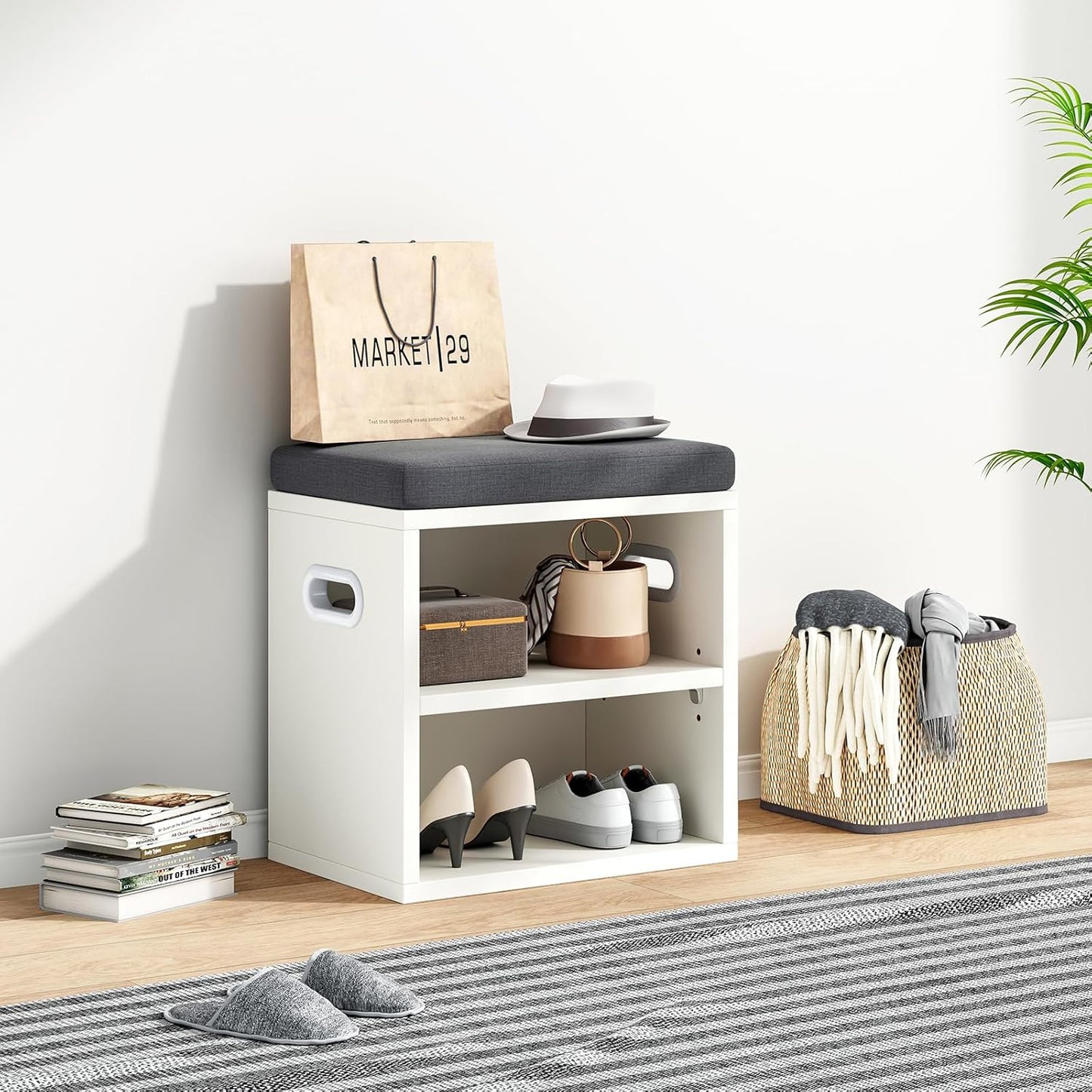 Farini Small Shoe Bench for Entryway With Cushion, Storage and Seating - White Rack With Bench Seat