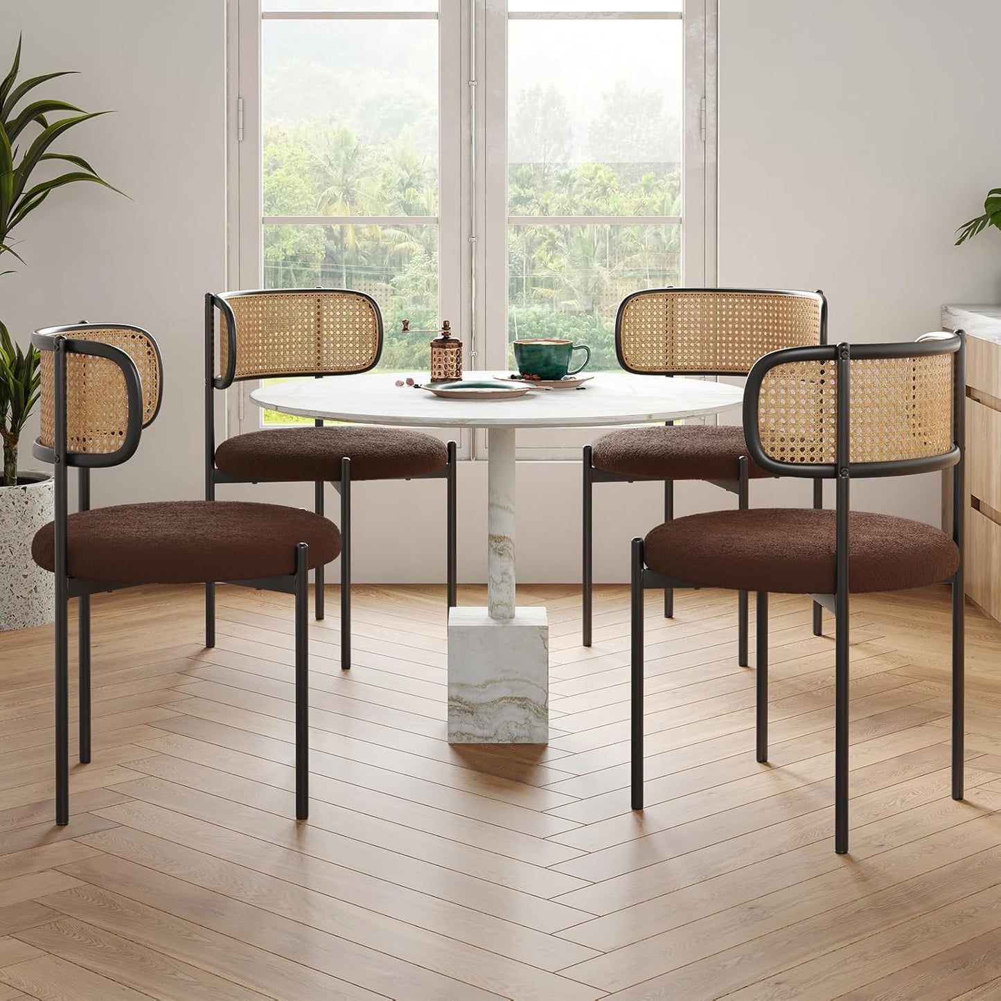 Farini Modern Upholstered Dining Chairs, Set of 2, Rattan Back Kitchen Chairs with Metal Legs, Coffee