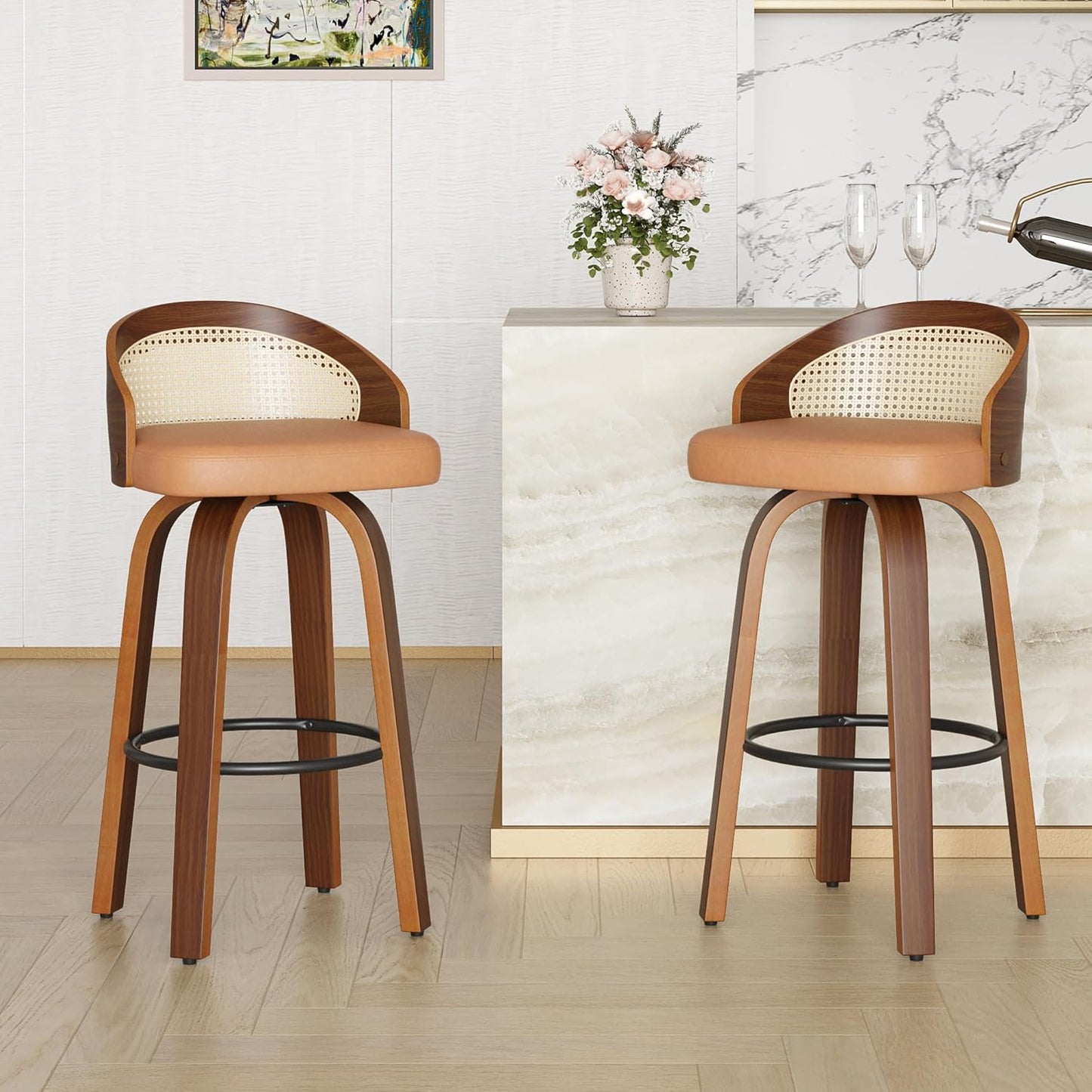 Farini Swivel Bar Stools Set of 2, Modern Wood Frame with Rattan Back, PU Leather Stool for Kitchen Counter, Mid Century Upholstered Barstools with Footrest,Industrial Counter Height Stools