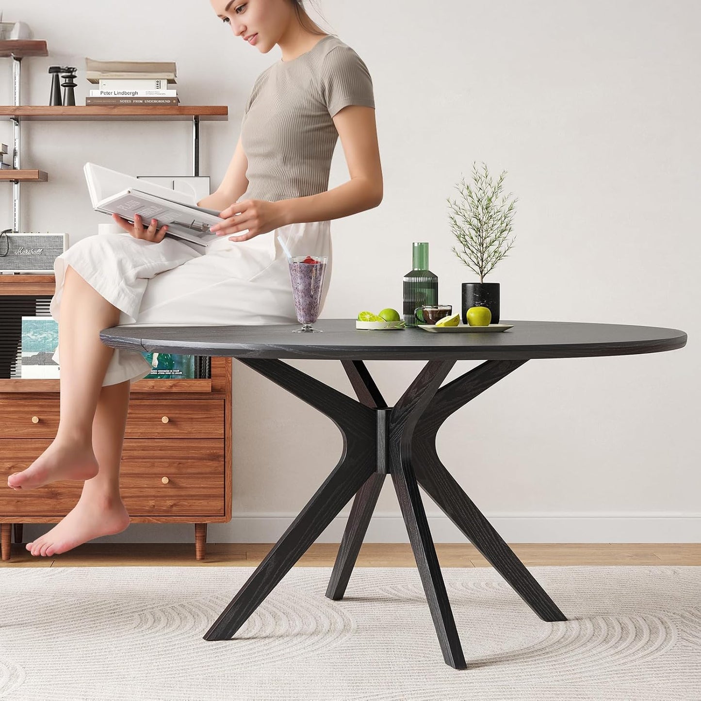 Farini 47.2" Solid Wood Round Dining Kitchen Table for 4-6 People with Intersecting Pedestal Base