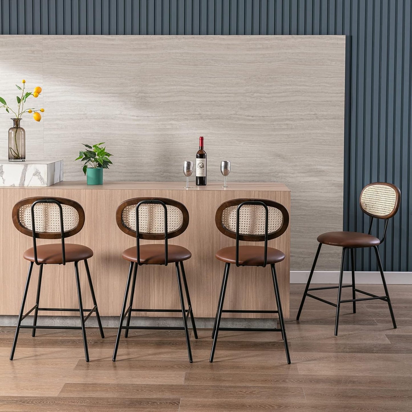 Farini Counter Stools Set of 4, Bar Stools, Indoor Metal Counter Height Barstools for Home, Faux Leather Counter Stool with Rattan Backrest