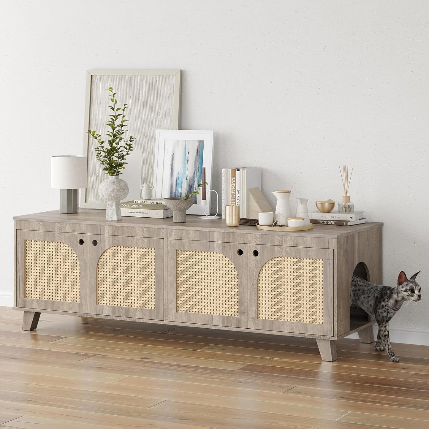 Farini Double Hidden Cat Litter Box Enclosure Furniture Cabinet with Rattan Decorated Doors for Two Cats，Two Entrances