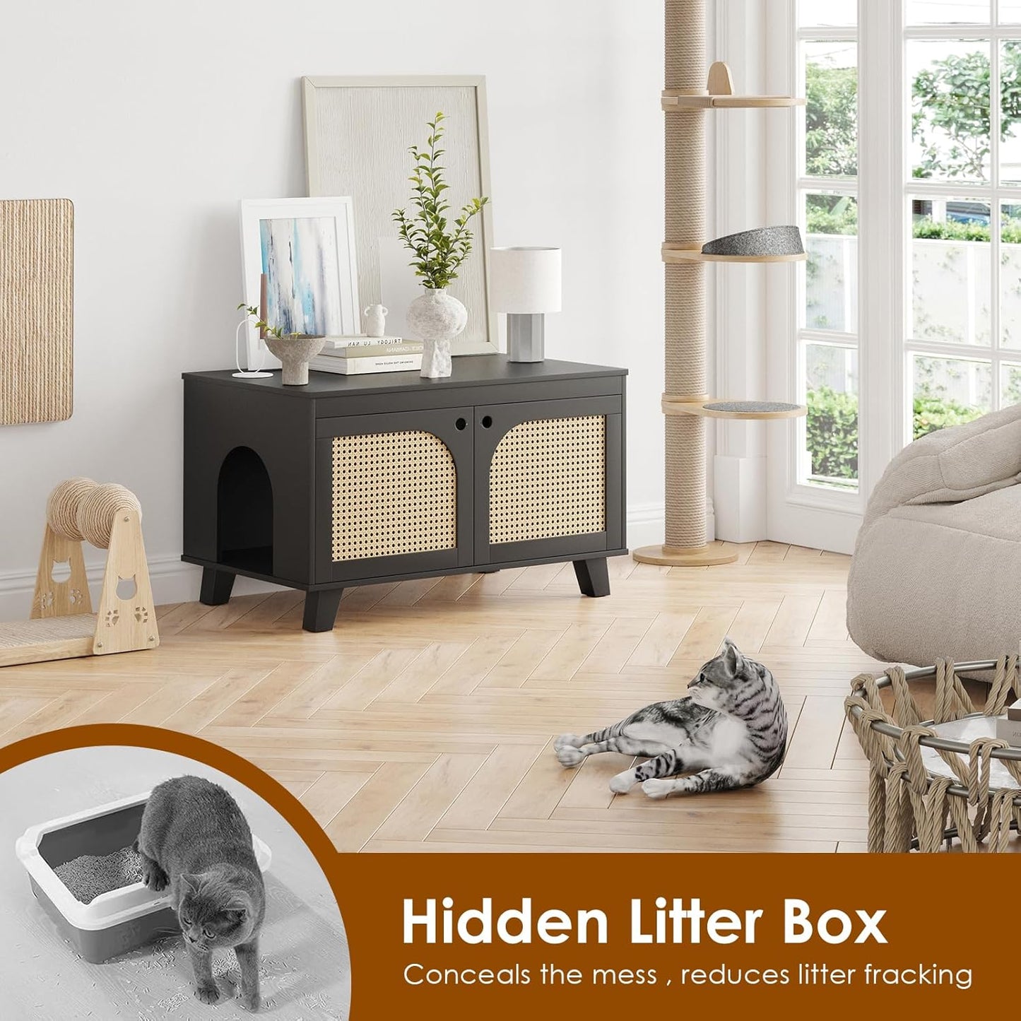 Flip Top Hidden Cat Litter Box Enclosure Furniture Cabinet with Rattan Decorated Doors for Your Home，Two Entrances
