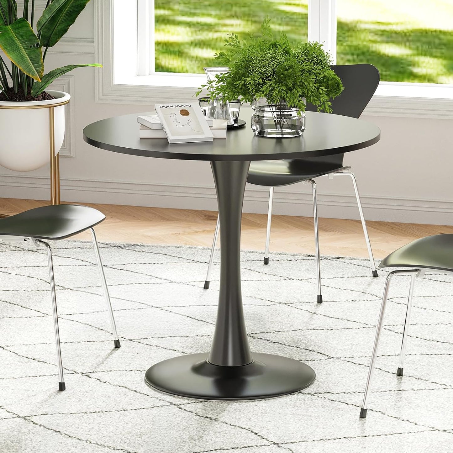 Farini 31.5" Small Round Dining Table Seats Up to 2-4 People,Wood Tabletop Tulip Dining Table with Metal Pedestal Base