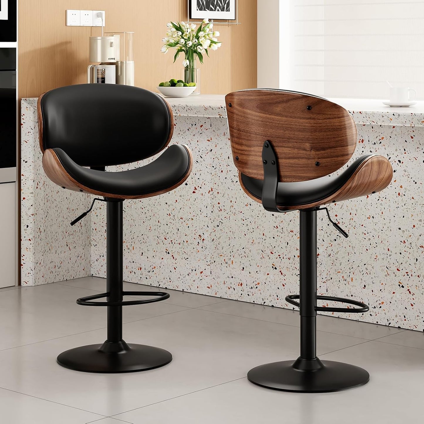Farini Swivel Bar Stools Set of 4 Adjustable Height Bentwood Barstools with PU Leather Upholstered Seat, Backrest and Footrest,Modern Kitchen Counter Chairs for Bar, Dining Room,Black