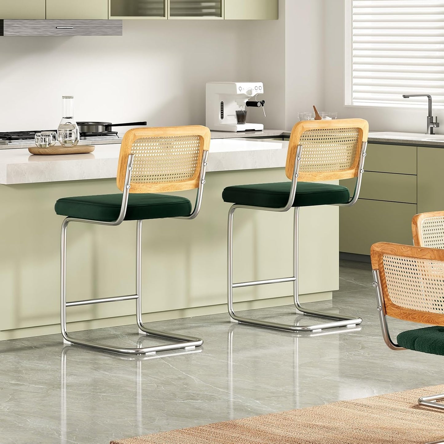 Farini Counter Height Bar Stools Set of 2, Upholstered Velvet Barstools with Rattan Back, 24 inch Stools Armless Bar Chairs for Kitchen Island