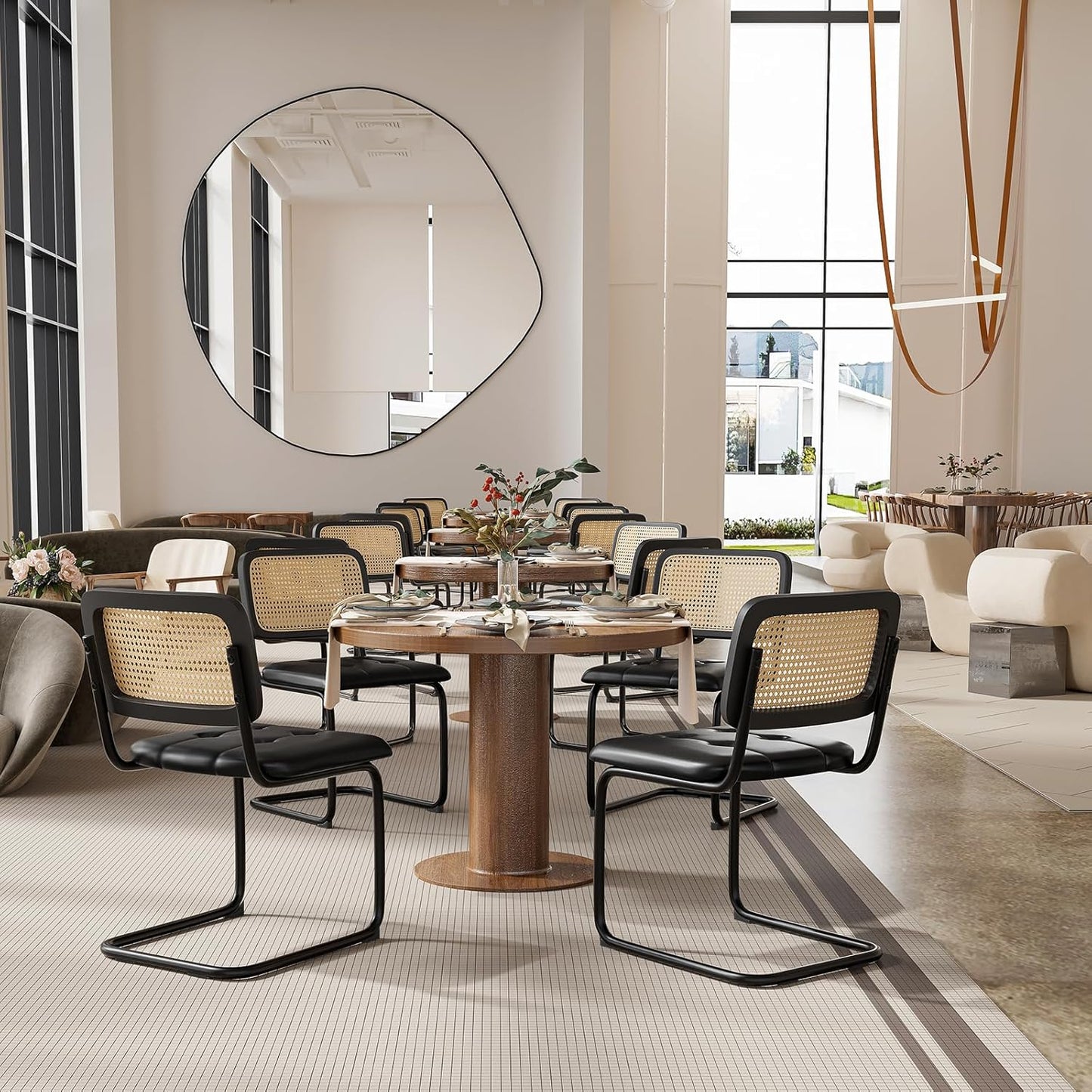 Farini Dining Chairs Set of 2, Mid-Century Modern Kitchen Chairs with Rattan Backrest & Velvet Upholstery