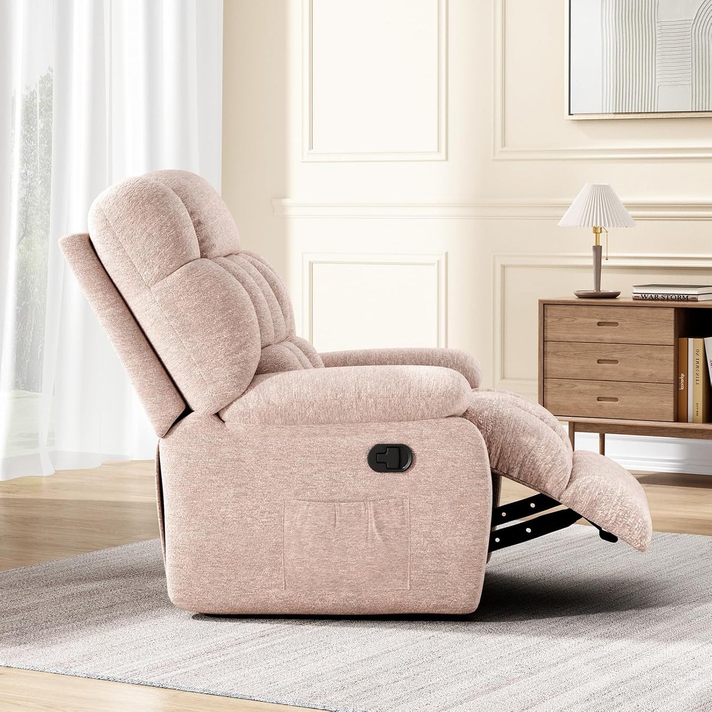 Farini Recliner Chair, Upholstered Rocker Recliner Chair with Side Pocket, Ergonomic 110°-160° Adjustable Reclining Chairs for Adults, Single Sofa Chair with Footrest,Recliner Sofa for Living Room
