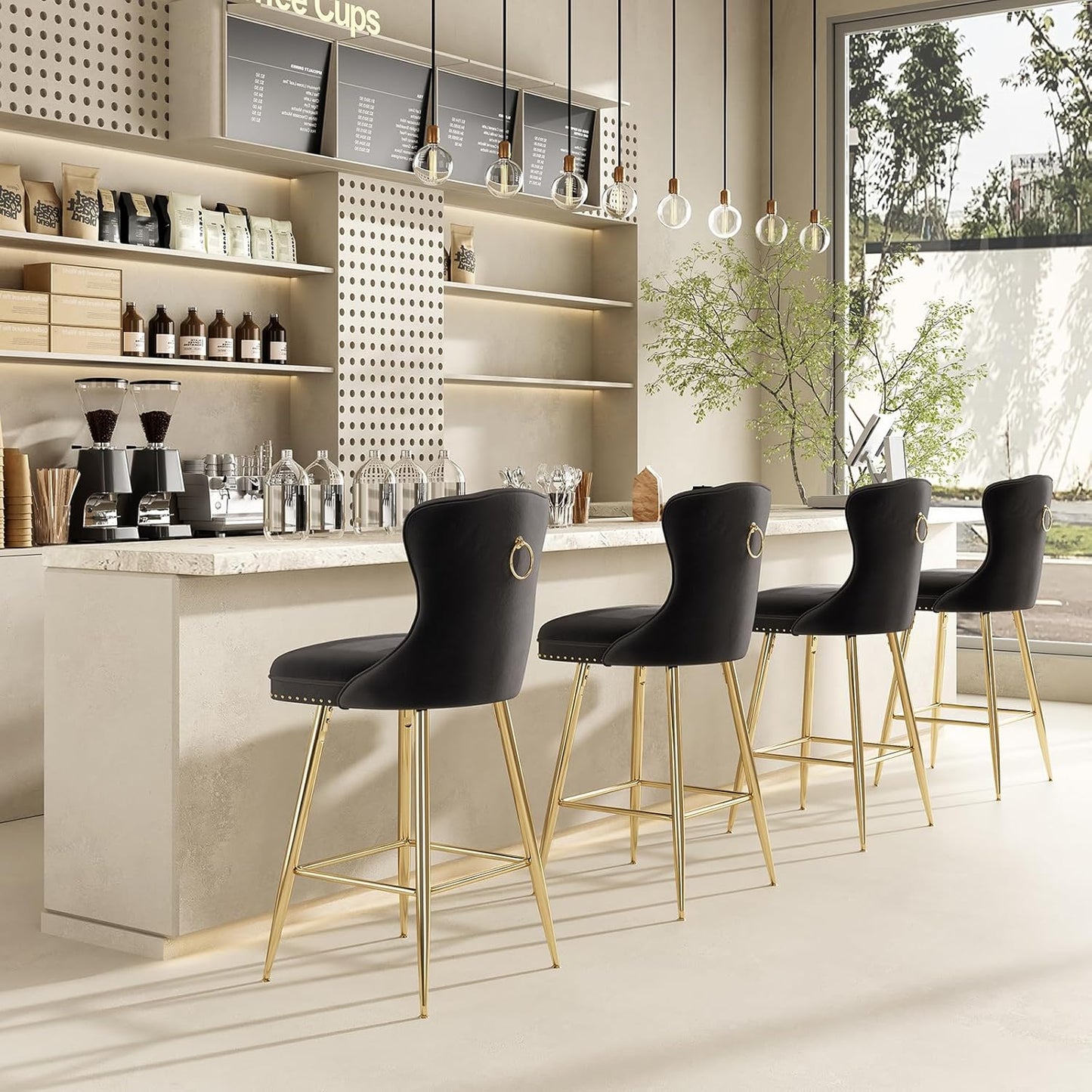 Farini Bar Stools Set of 4, Velvet Counter Height Bar Stools with Metal Legs, Button Tufted and Nailheads Trim, Wing-Back Bar Chairs for Kitchen Island Dining Room Pub