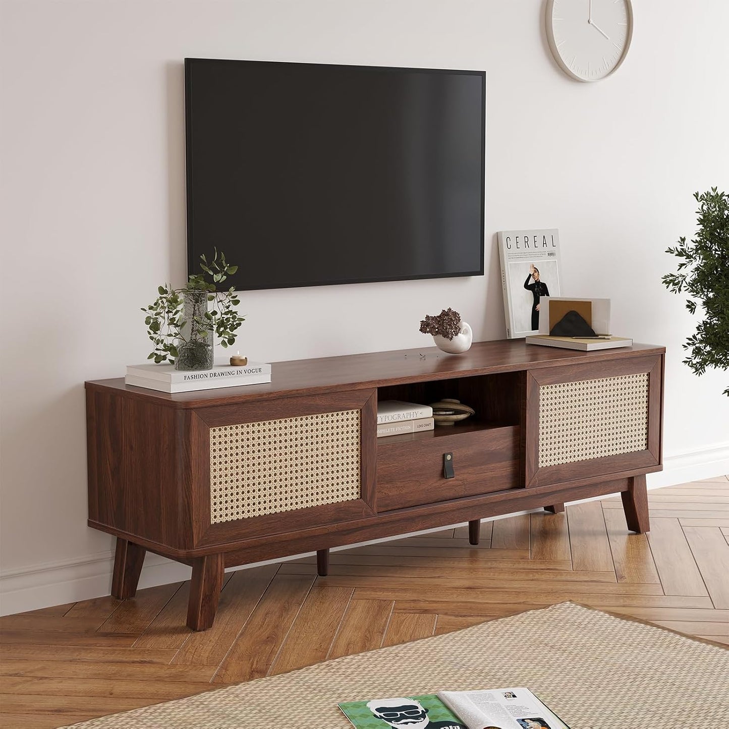 Farini Rattan TV Stand for TVs, Wood TV Stand Mid Century Modern TV Stand TV Media Console with Drawer and 2 Cabinets, Boho Entertainment Center for Living Room