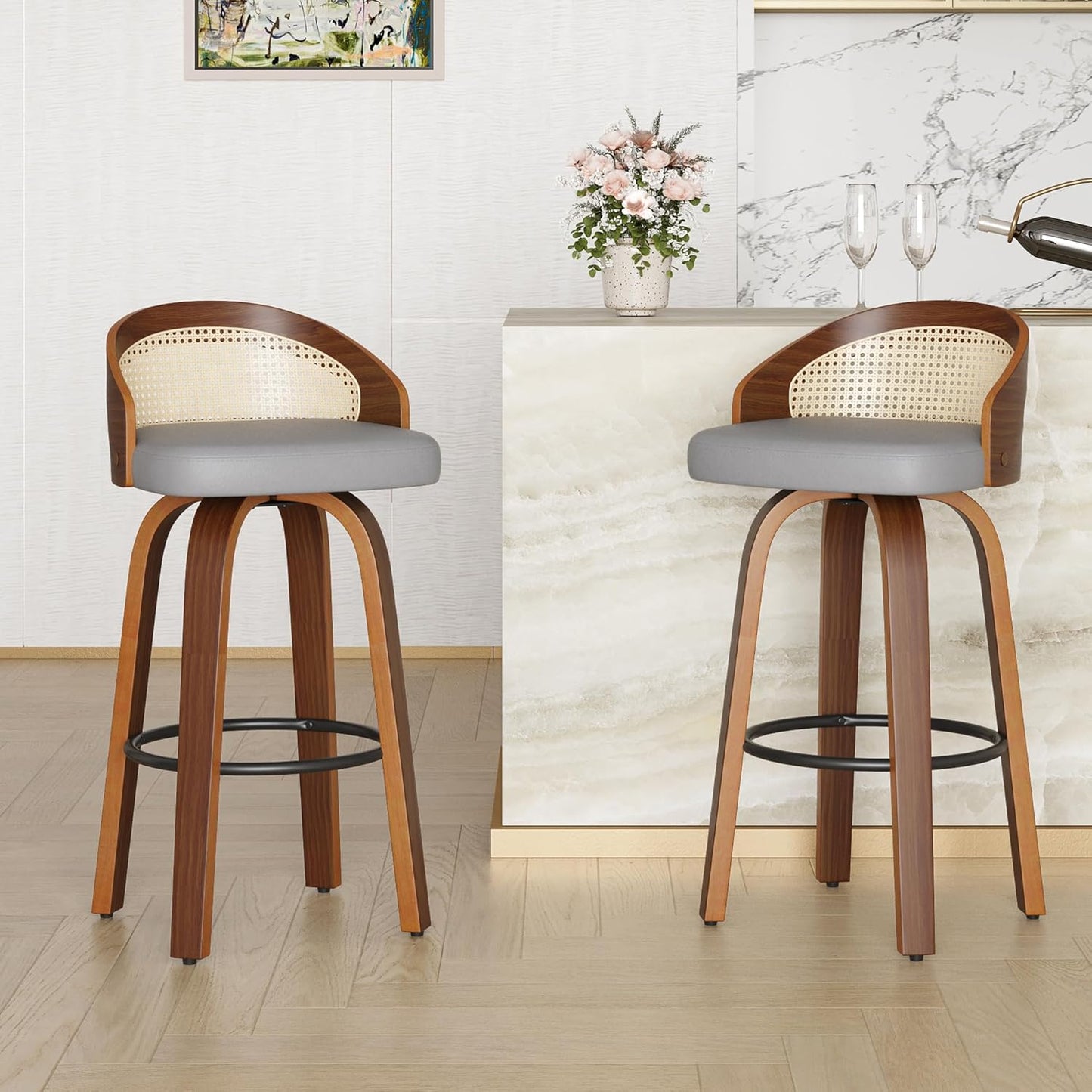 Farini Swivel Bar Stools Set of 2, Modern Wood Frame with Rattan Back, PU Leather Stool for Kitchen Counter, Mid Century Upholstered Barstools with Footrest,Industrial Counter Height Stools