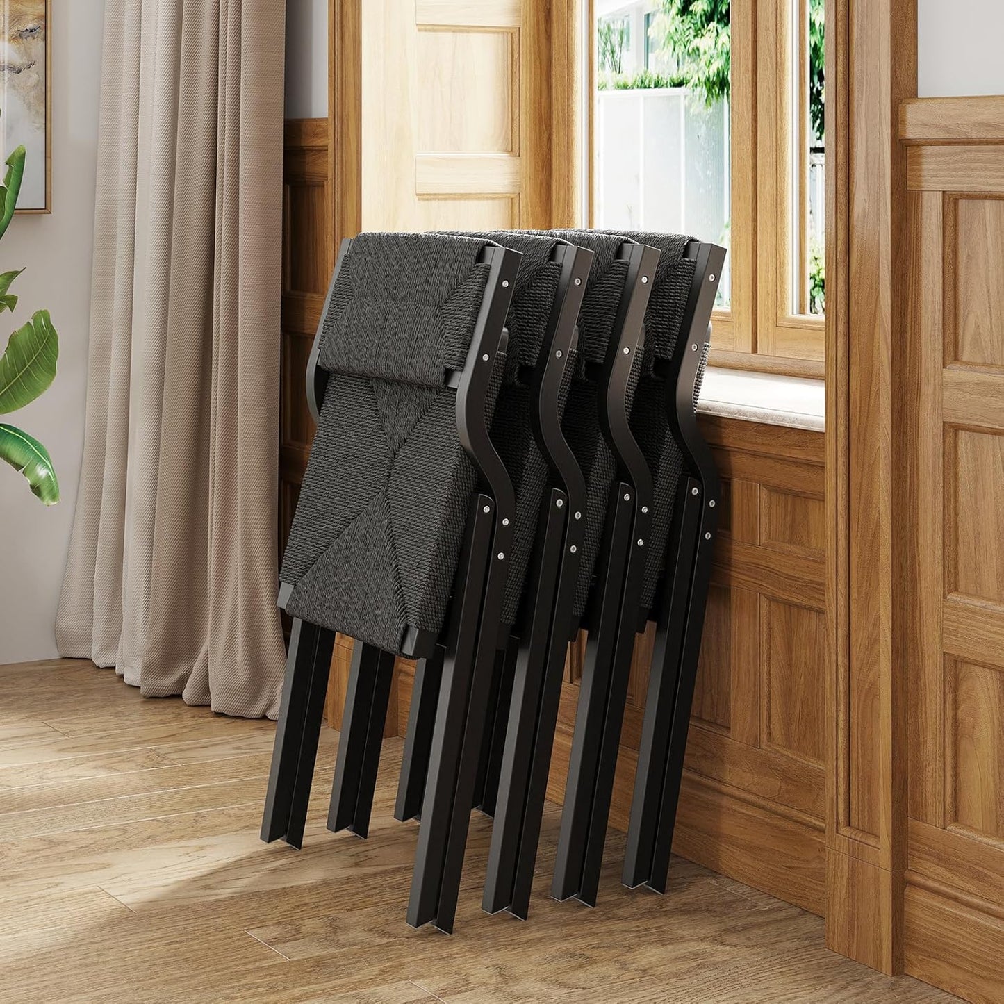 Farini Wood Folding Chairs, Foldable Chairs Wooden Indoor Stackable Dining Chairs for Kitchen & Dining Room Chair Woven Seat & Webbing Back, Dining Chair Set of 2, Woven Rope