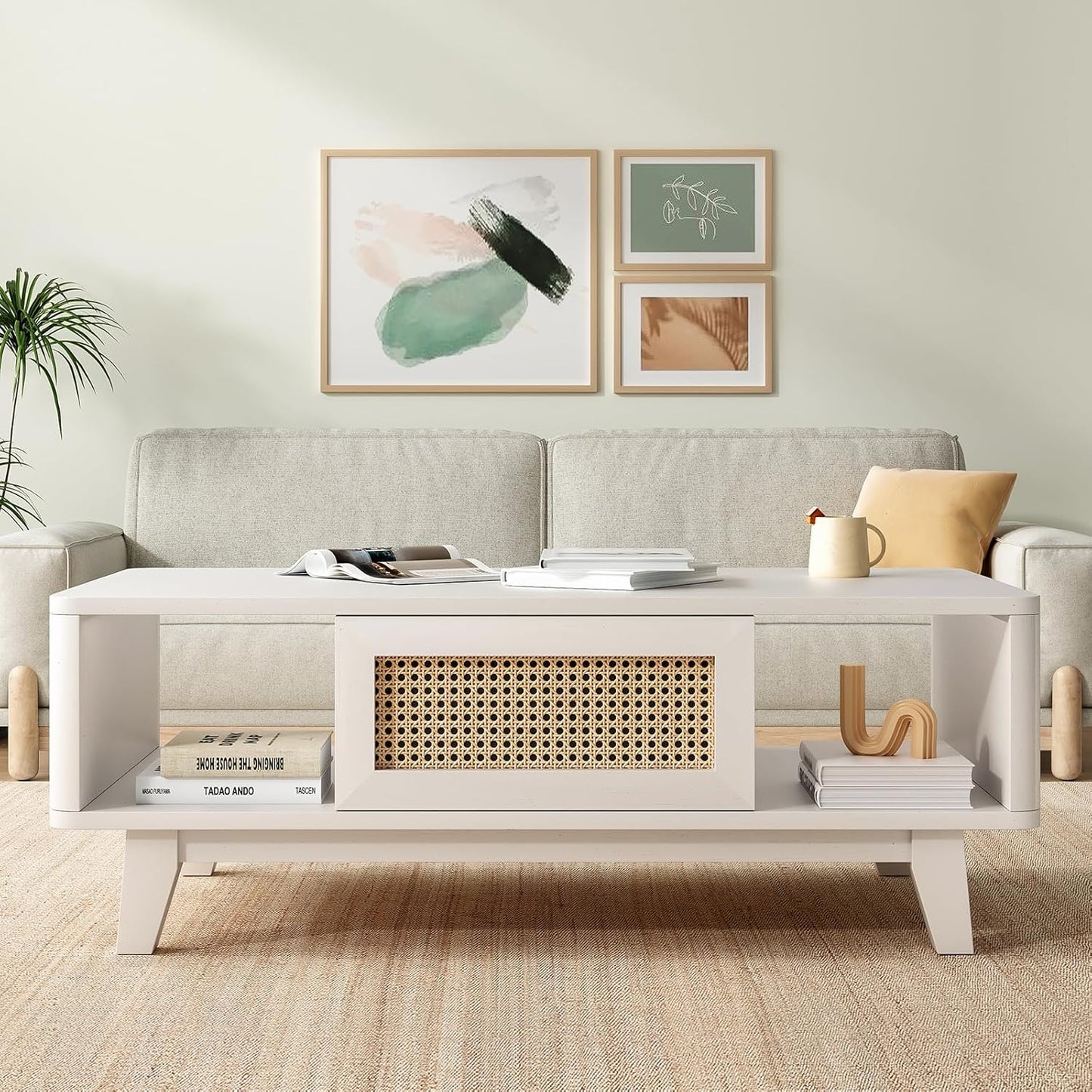 Farini Mid Century Storage, Modern Square Rattan Drawer Wooden, Farmhouse Coffee Table for Living Room