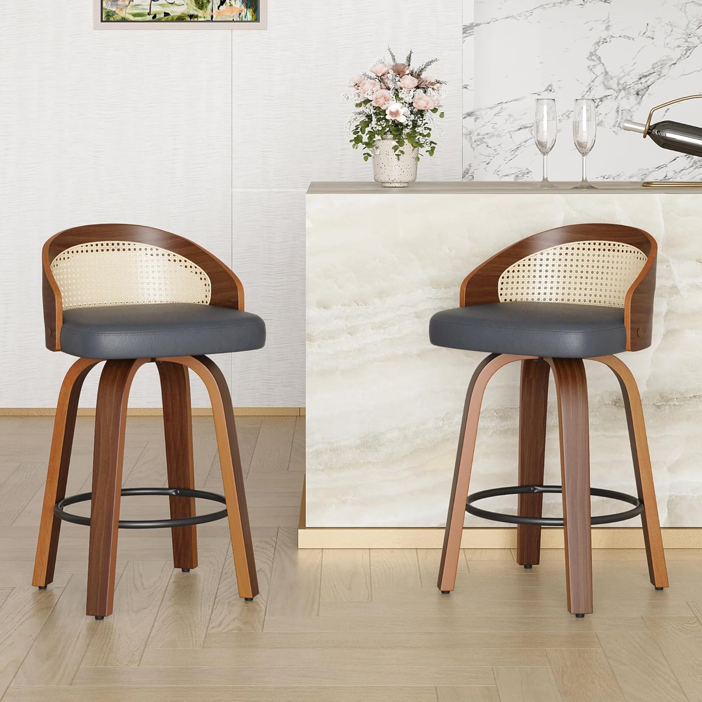 Farini Swivel Bar Stools Set of 2, Modern Wood Frame with Rattan Back, PU Leather Stool for Kitchen Counter, Mid Century Upholstered Barstools with Footrest,Industrial Counter Height Stools